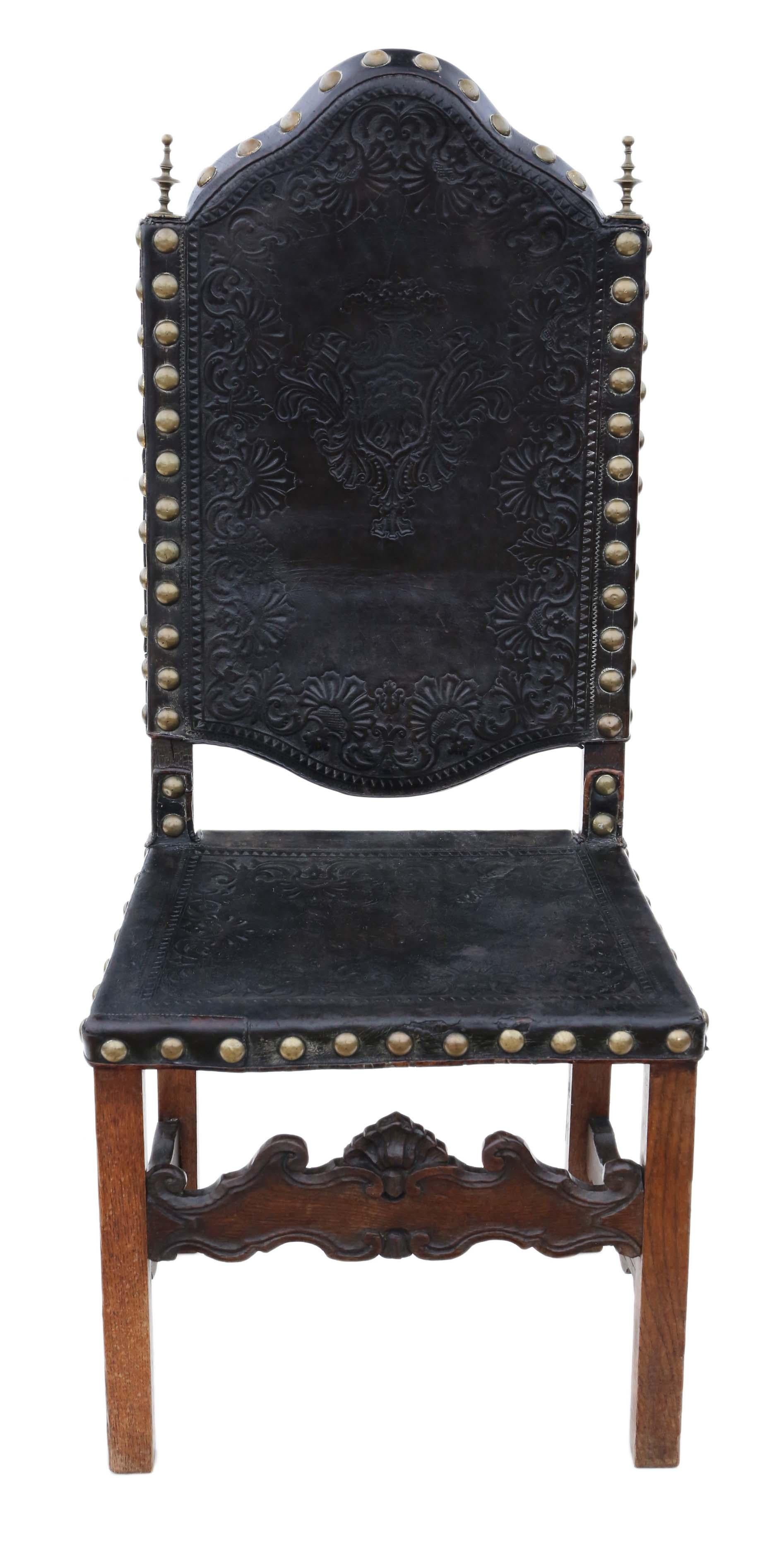 Antique fine quality early 18th century Portuguese oak and leather chair. Could also be used as a side, hall or desk chair. Exceptional age, character and charm.

Very heavy, solid and strong, with no loose joints or woodworm. These are rare and
