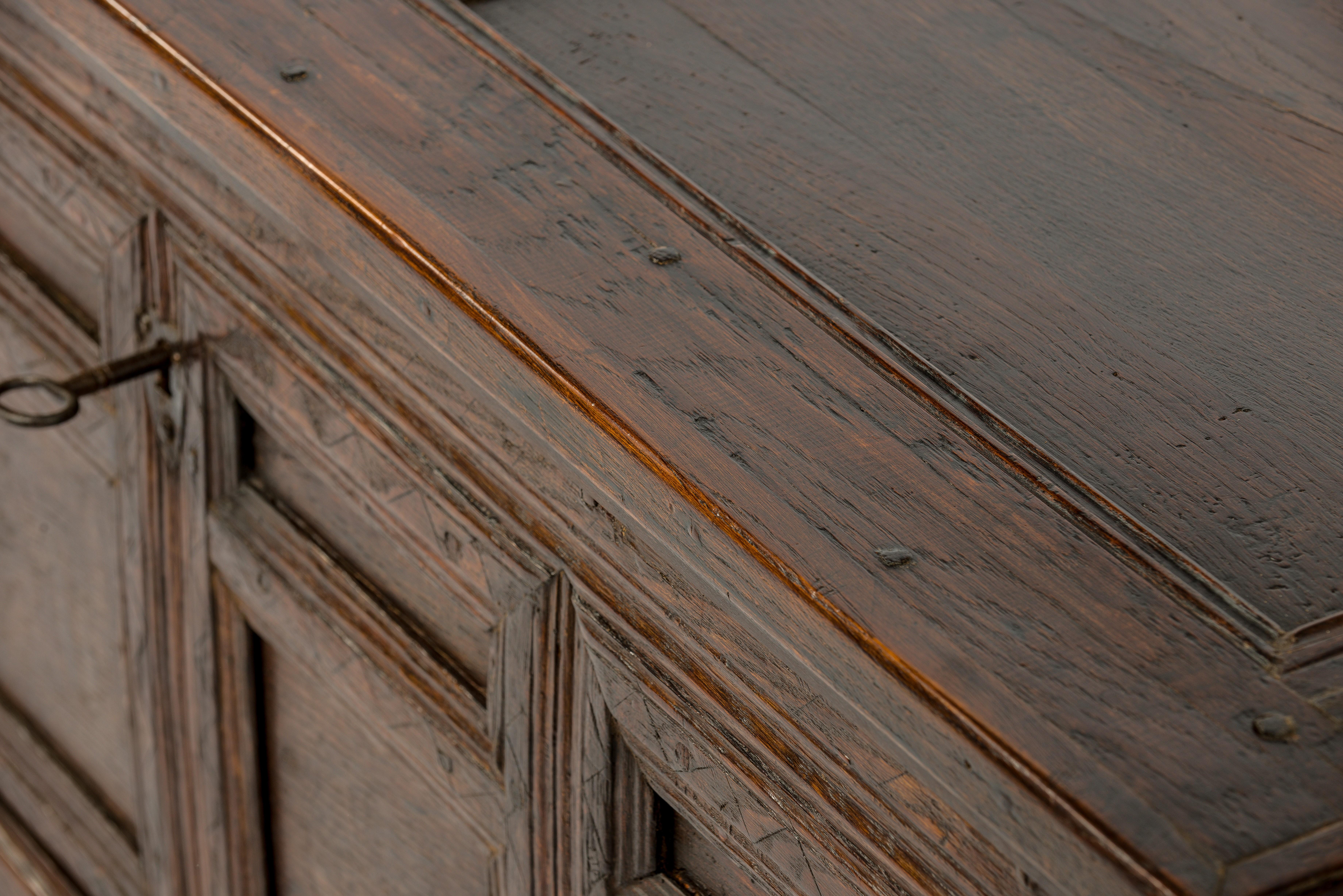 Antike warm-braune getäfelte und geschnitzte Eichenholztruhe oder Koffer aus dem frühen 18. Jahrhundert im Angebot 6