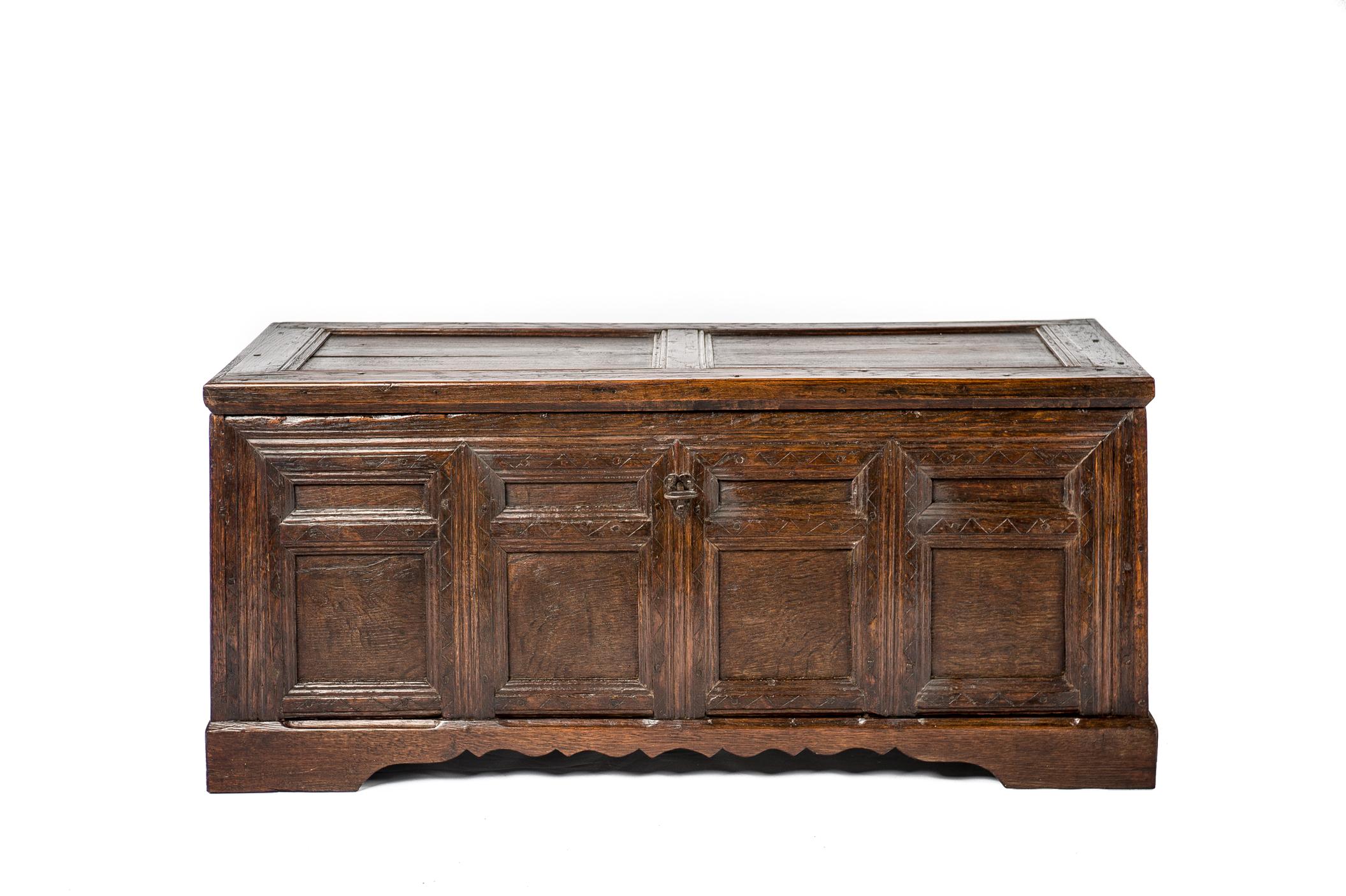 A beautiful antique eight-panel English coffer or trunk, dating to the William III period in the early 1700s. The piece has recessed panels with molded edges around them. The piece is decorated with geometrical carvings on its front. The coffer