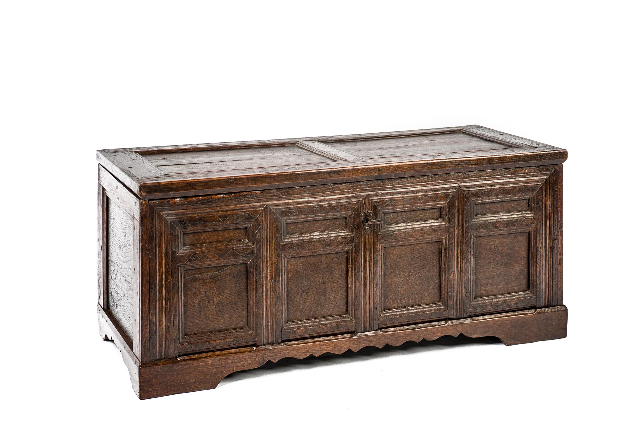 William and Mary Antique Early 18th Century Warm Brown Paneled and Carved Oak Chest or Coffer For Sale