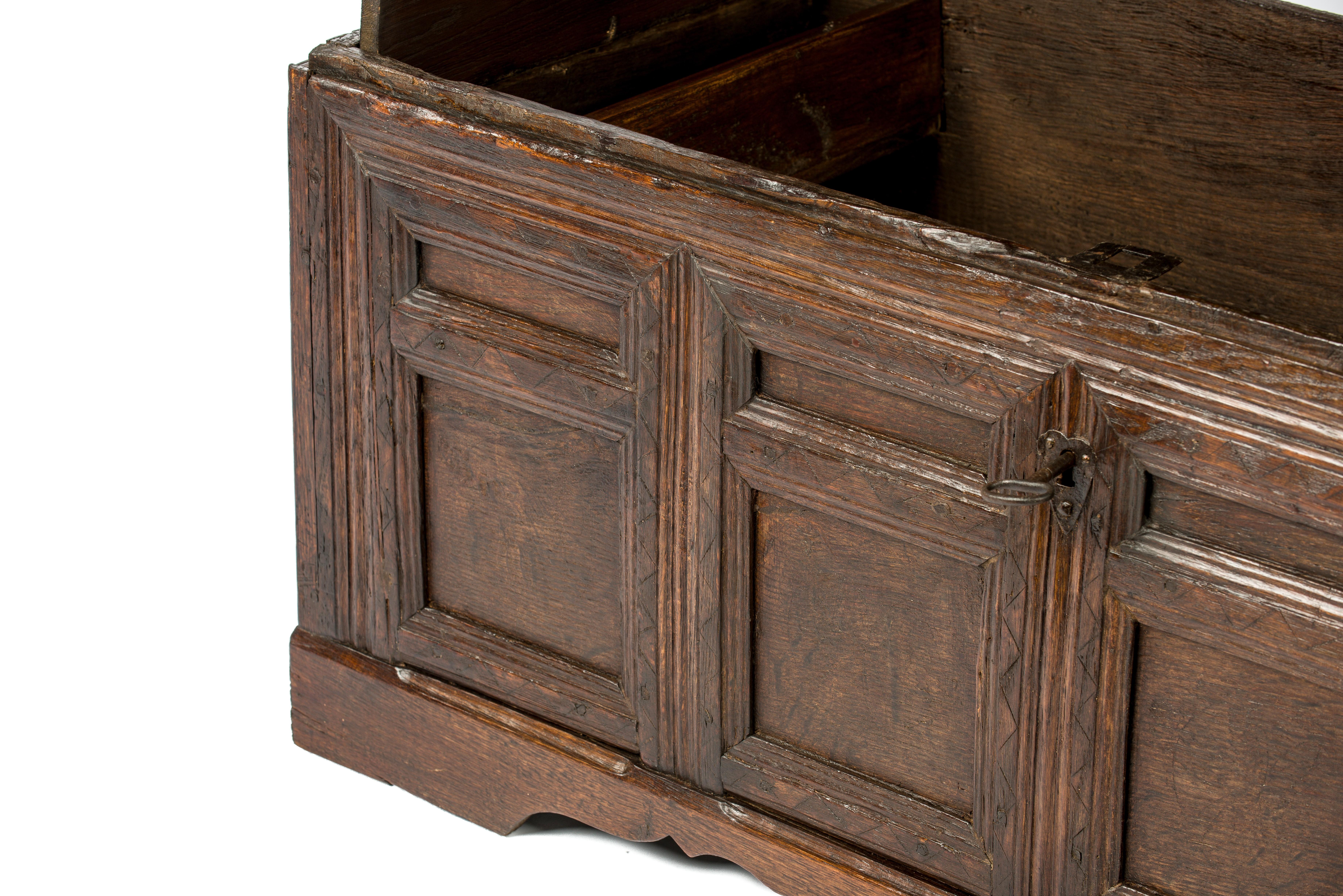 Iron Antique Early 18th Century Warm Brown Paneled and Carved Oak Chest or Coffer For Sale