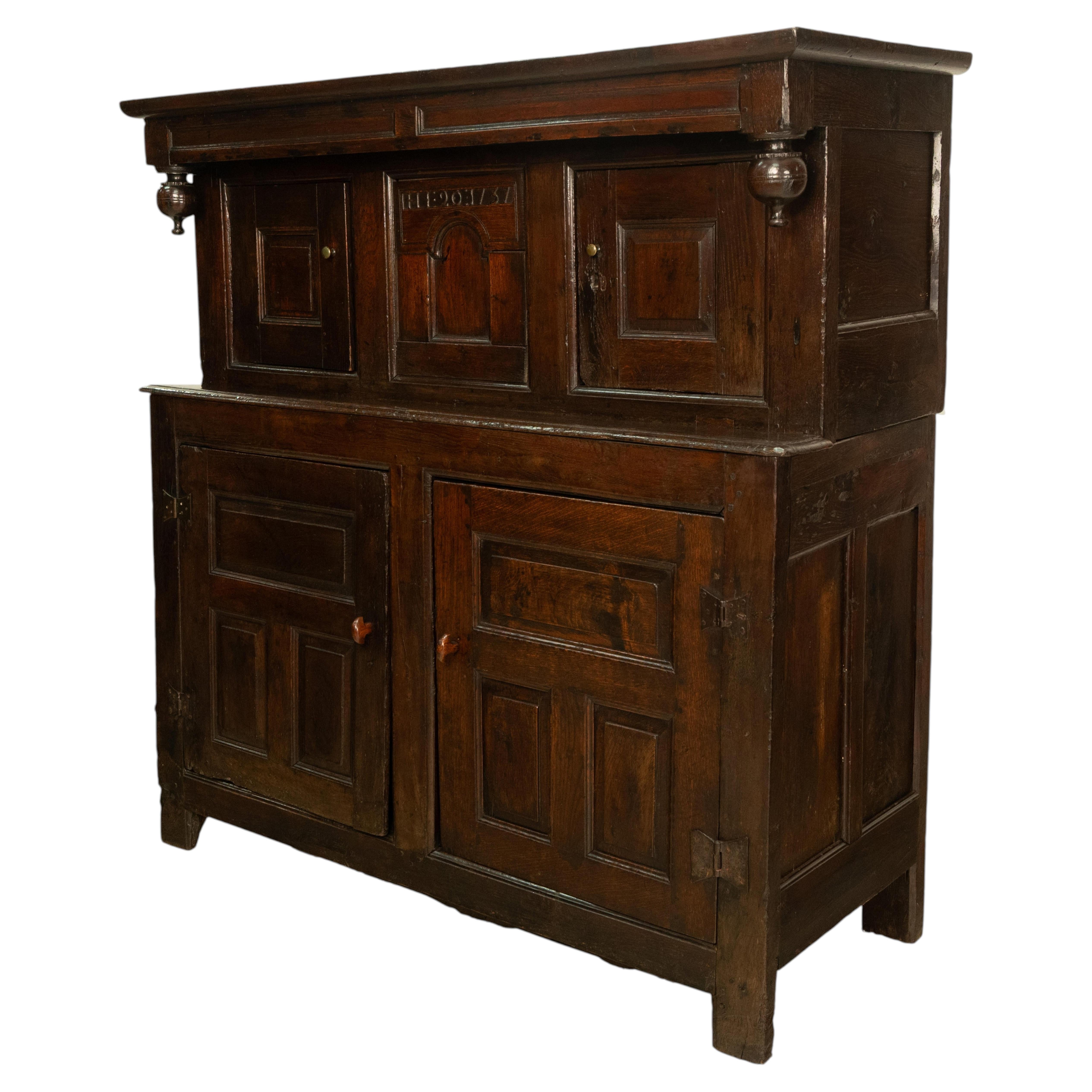 Antique Early 18th Century Welsh English Deuddarn Carved Oak Court Cupboard 1737