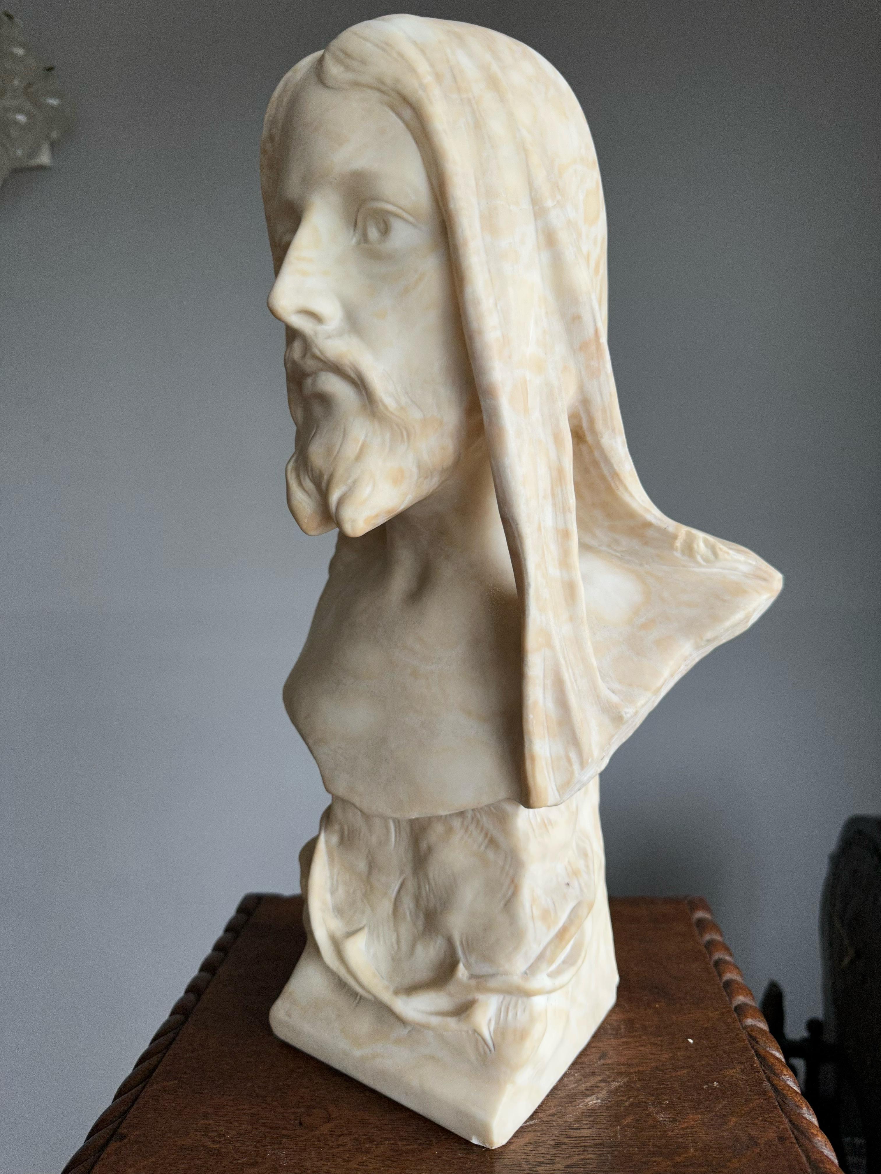 Antique, Early 1900 Large Hand Carved Alabaster Sculpture / Bust of Jesus Christ For Sale 3