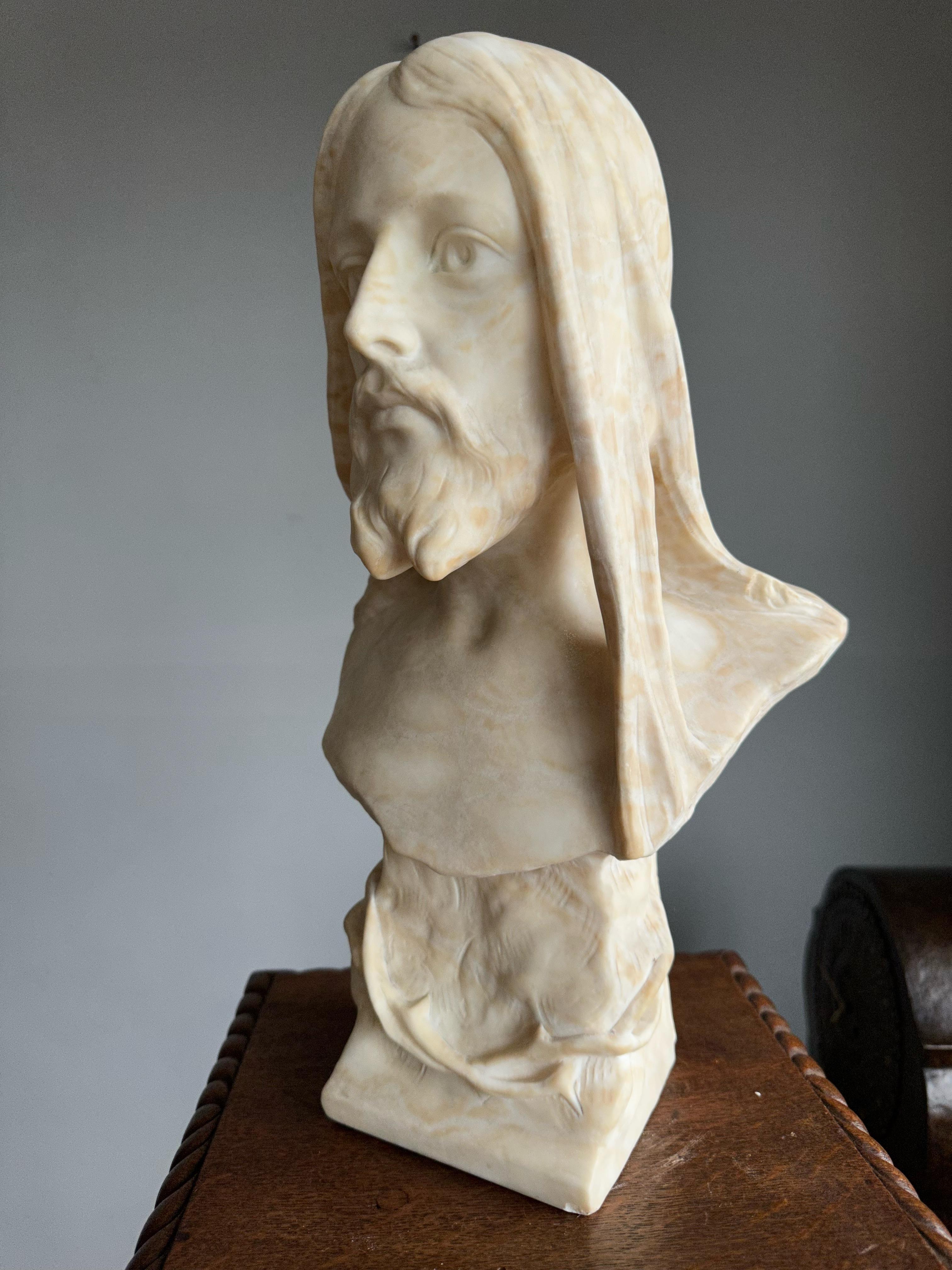 Antique, Early 1900 Large Hand Carved Alabaster Sculpture / Bust of Jesus Christ For Sale 8