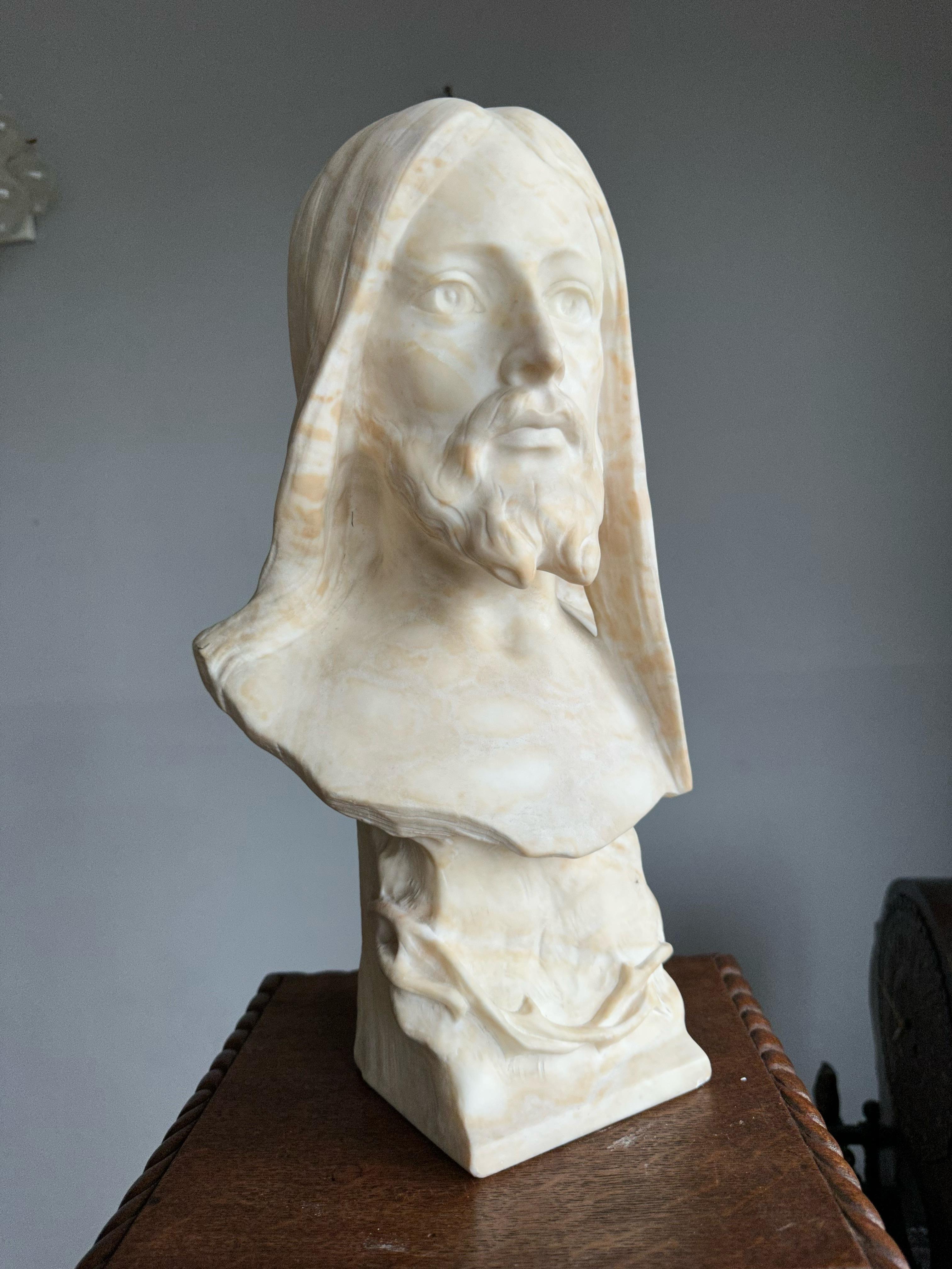 Antique, Early 1900 Large Hand Carved Alabaster Sculpture / Bust of Jesus Christ For Sale 10