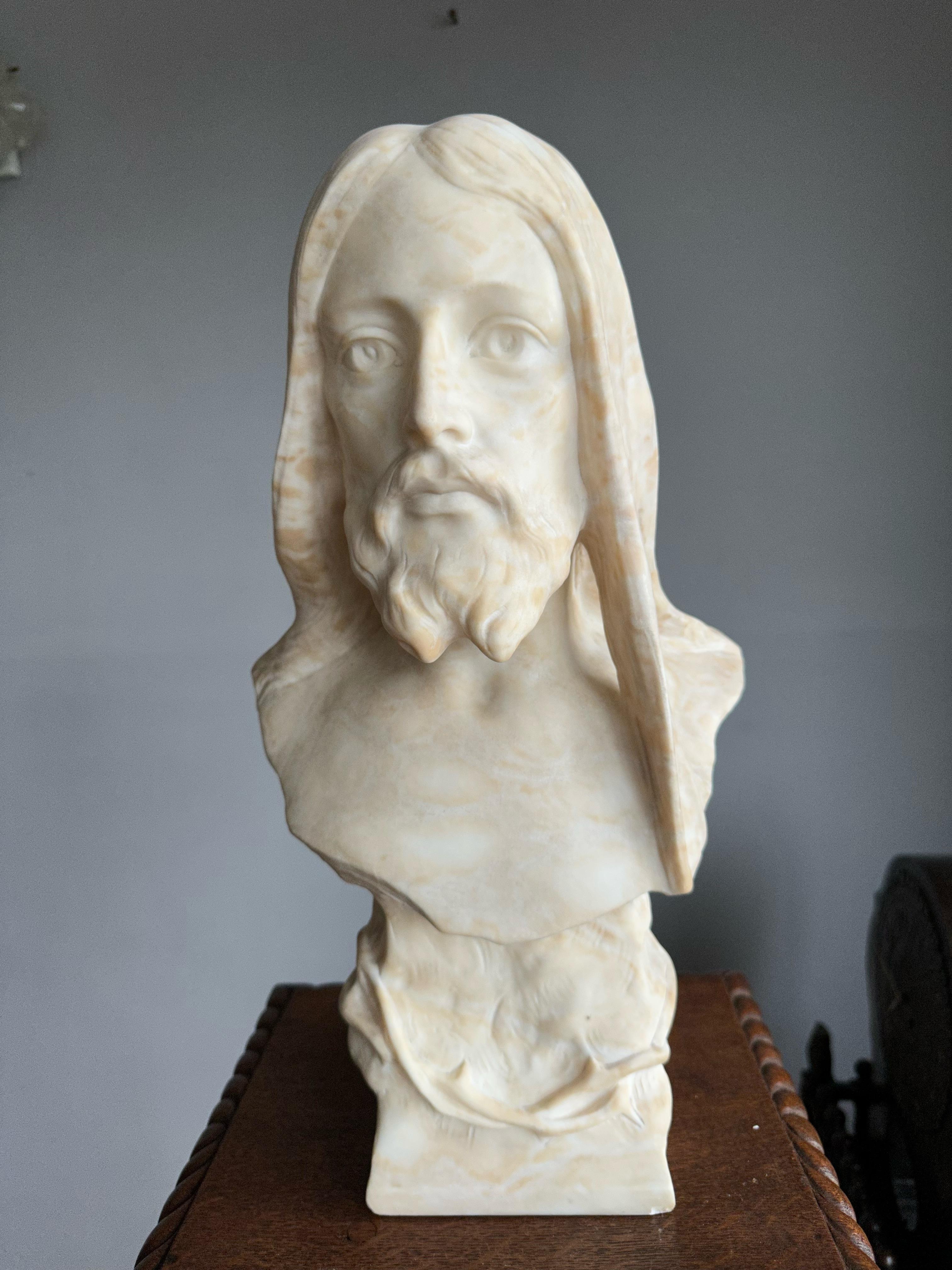 Antique, Early 1900 Large Hand Carved Alabaster Sculpture / Bust of Jesus Christ For Sale 12