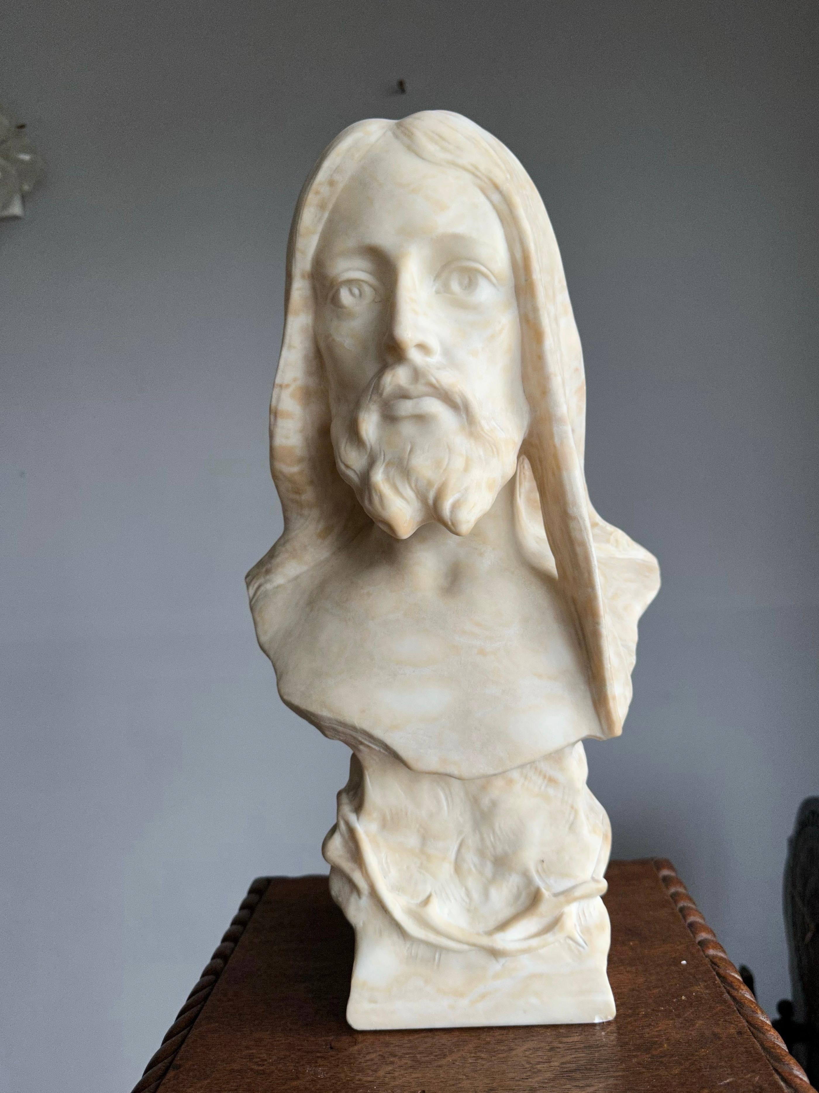 Unique and antique alabaster sculpture of our Lord Jesus.

This gorgeous and large size work of religious art from a church or monastery is ideal for display at home as well. Especially the positive and determined face is beautiful to look at and