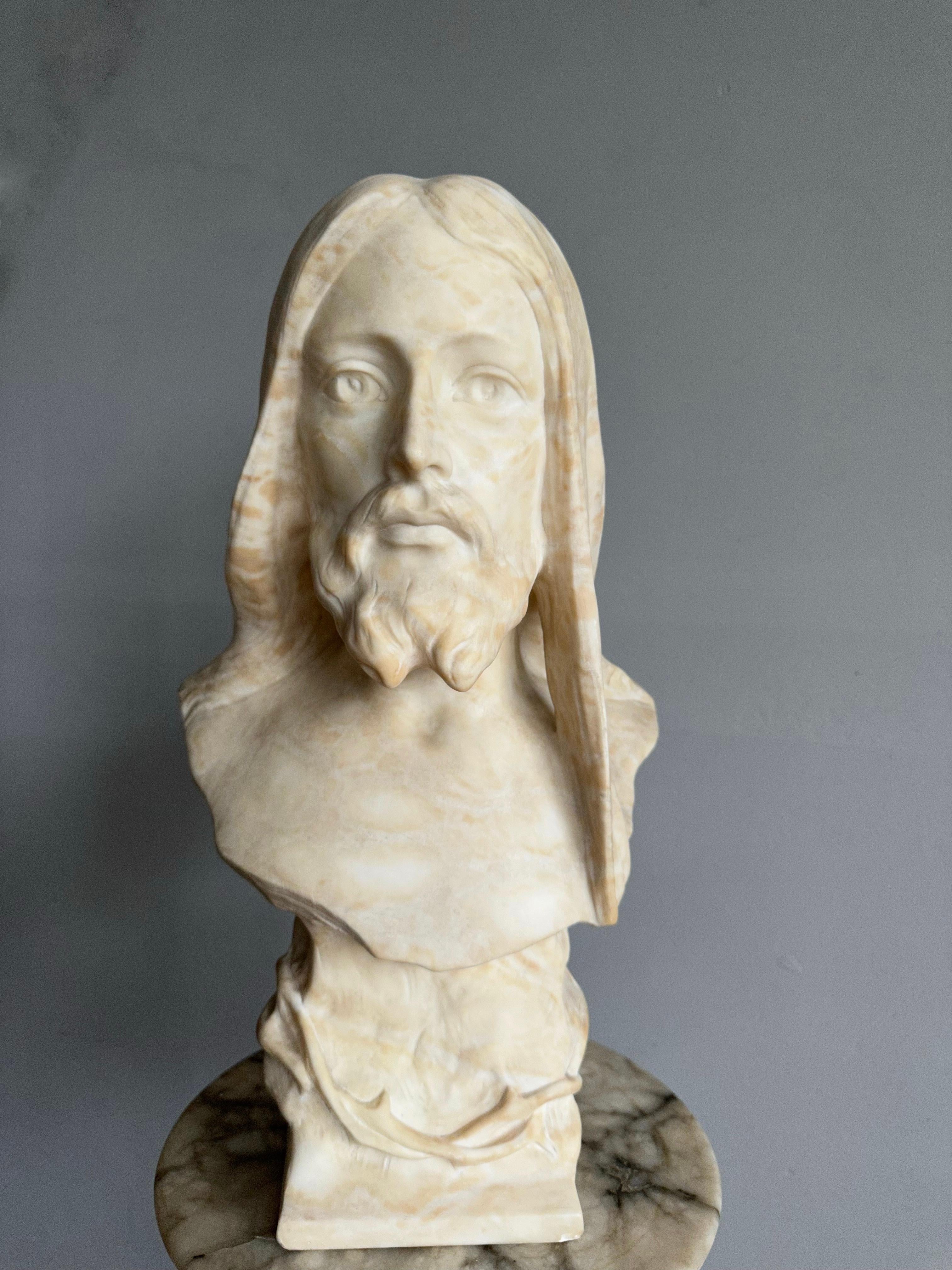 Antique, Early 1900 Large Hand Carved Alabaster Sculpture / Bust of Jesus Christ For Sale 13