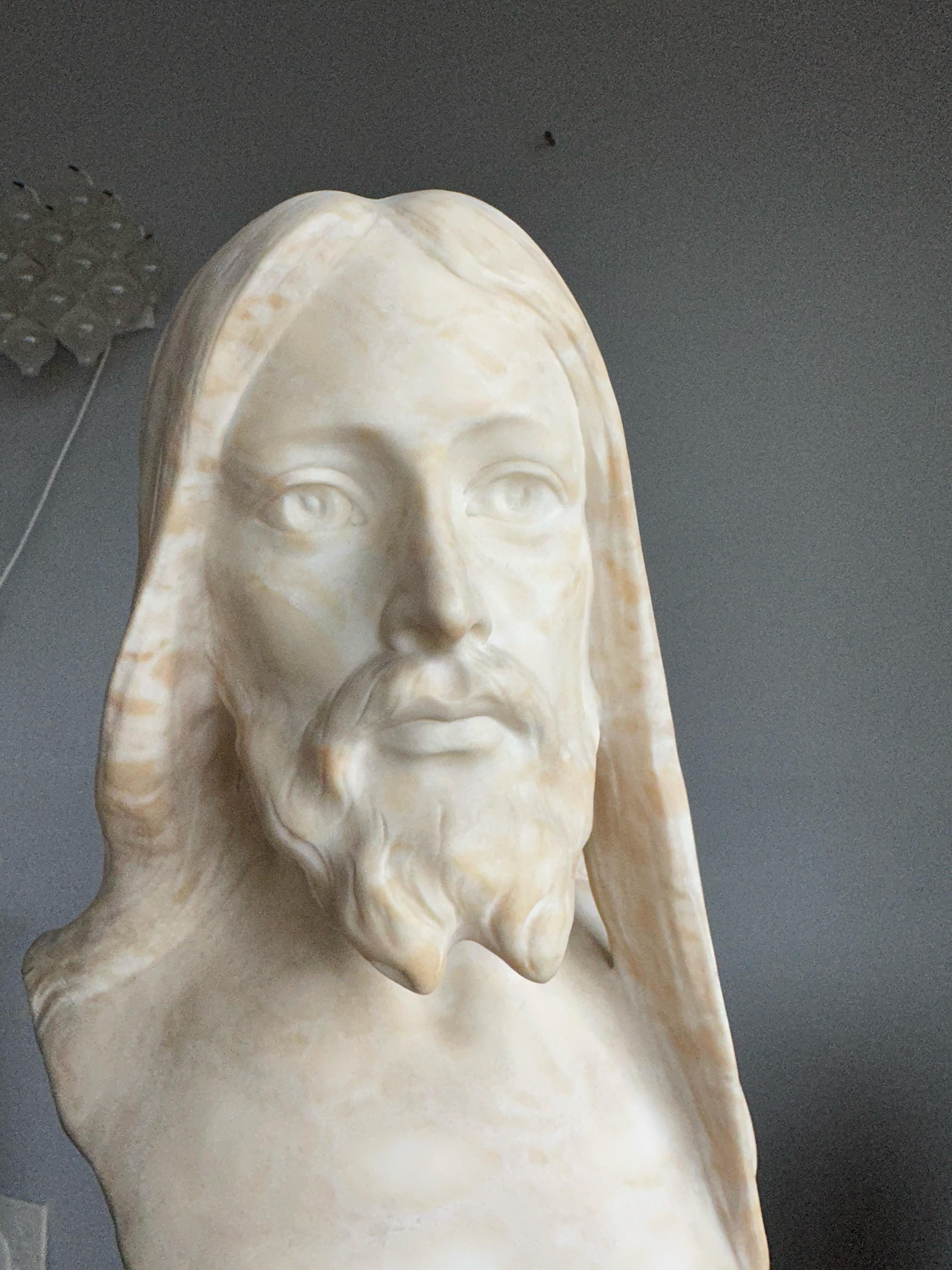 Arts and Crafts Antique, Early 1900 Large Hand Carved Alabaster Sculpture / Bust of Jesus Christ For Sale
