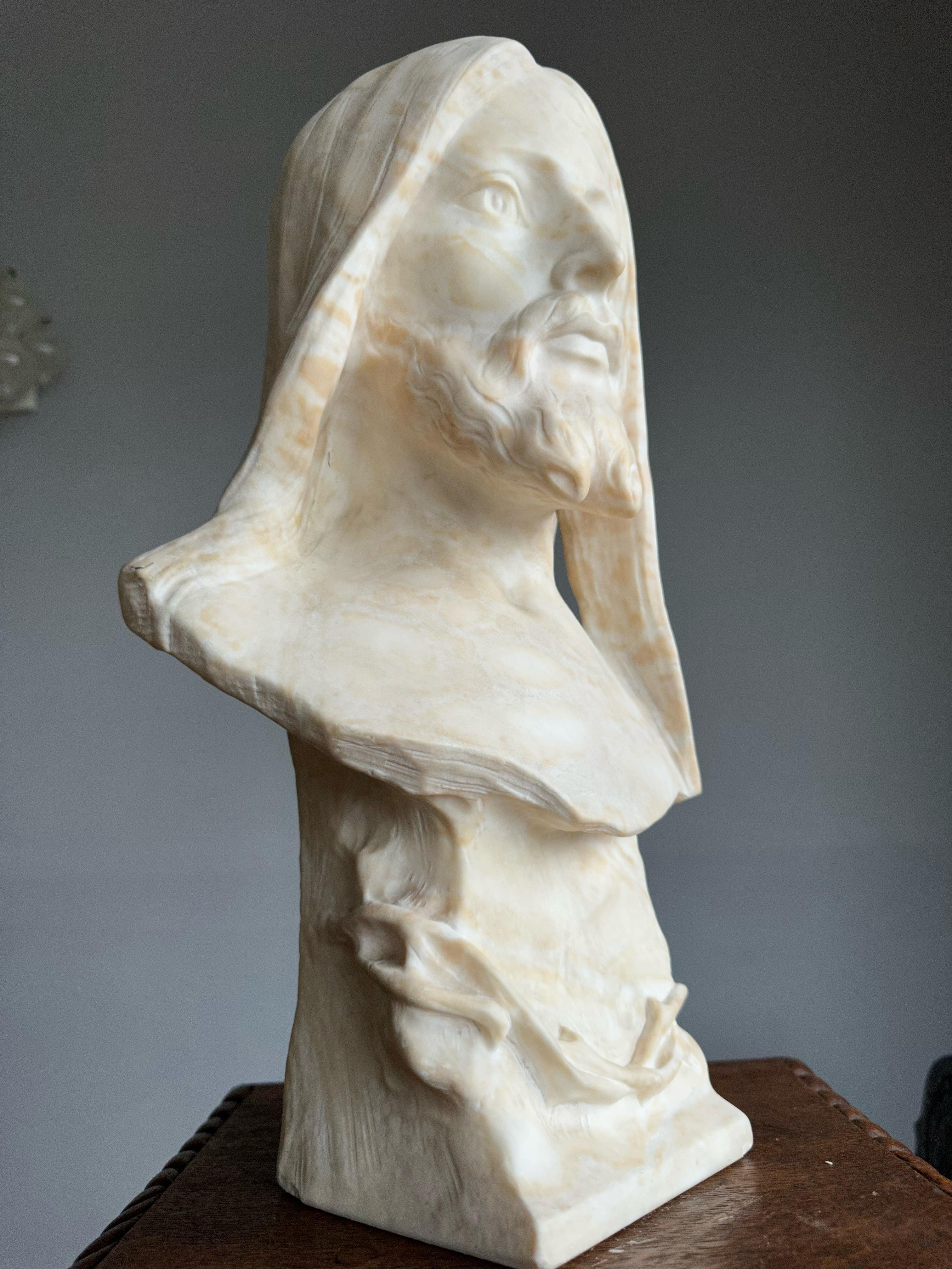 Hand-Carved Antique, Early 1900 Large Hand Carved Alabaster Sculpture / Bust of Jesus Christ For Sale