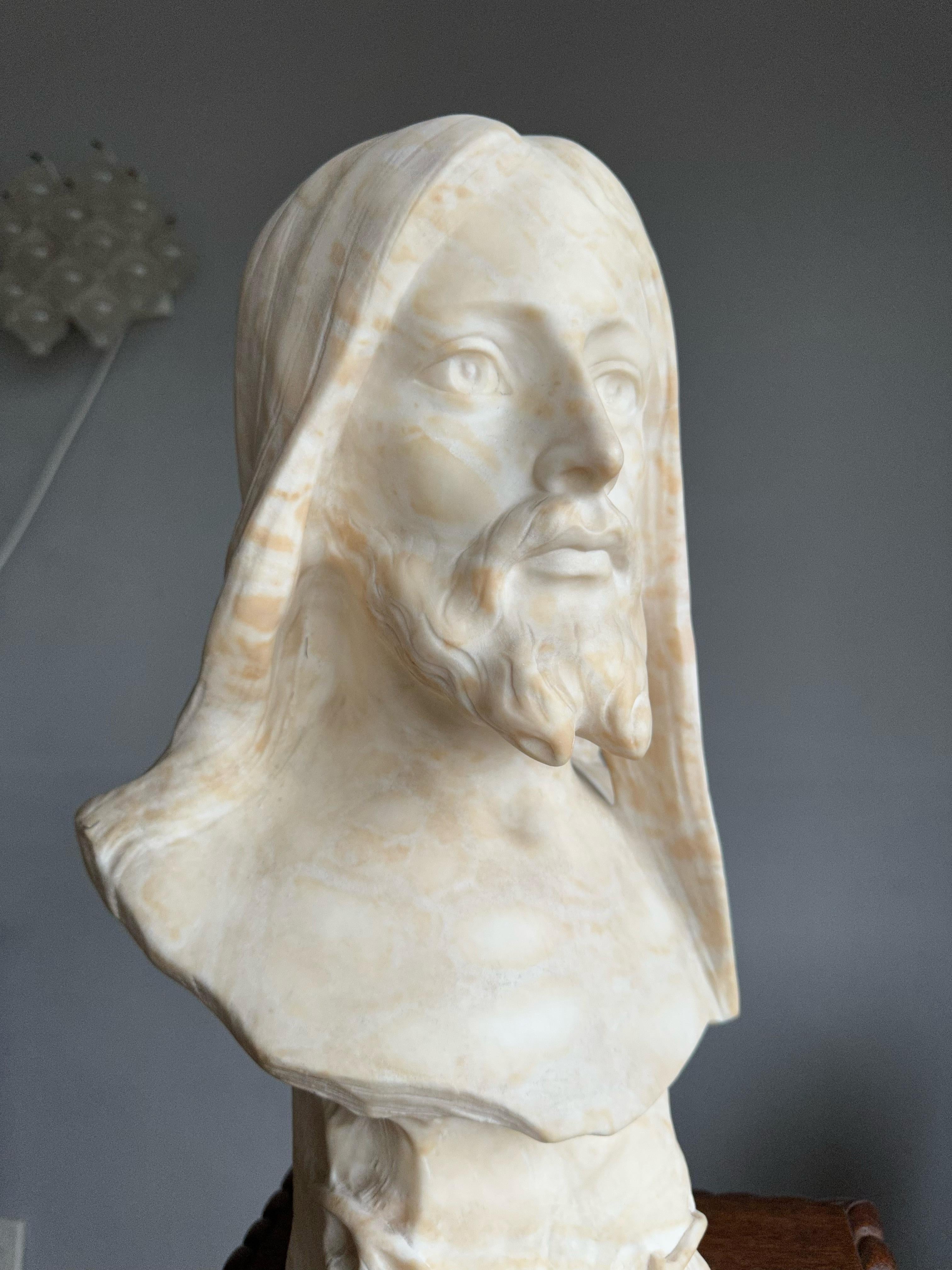 Antique, Early 1900 Large Hand Carved Alabaster Sculpture / Bust of Jesus Christ In Excellent Condition For Sale In Lisse, NL