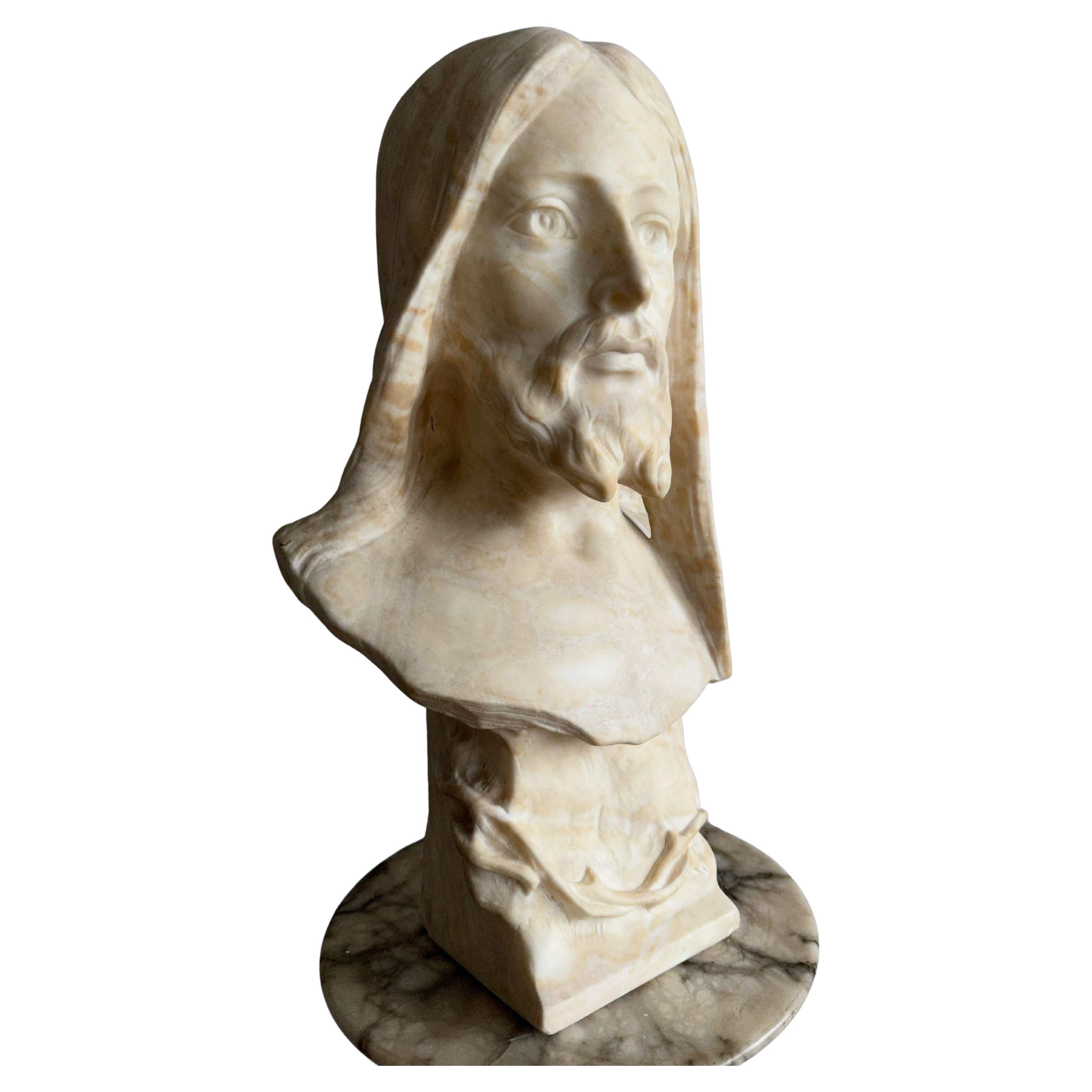 Antique, Early 1900 Large Hand Carved Alabaster Sculpture / Bust of Jesus Christ