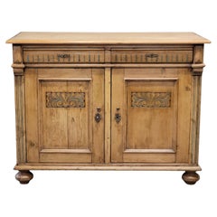 Antique Early 1900s German Pine Sideboard With Painted Carving