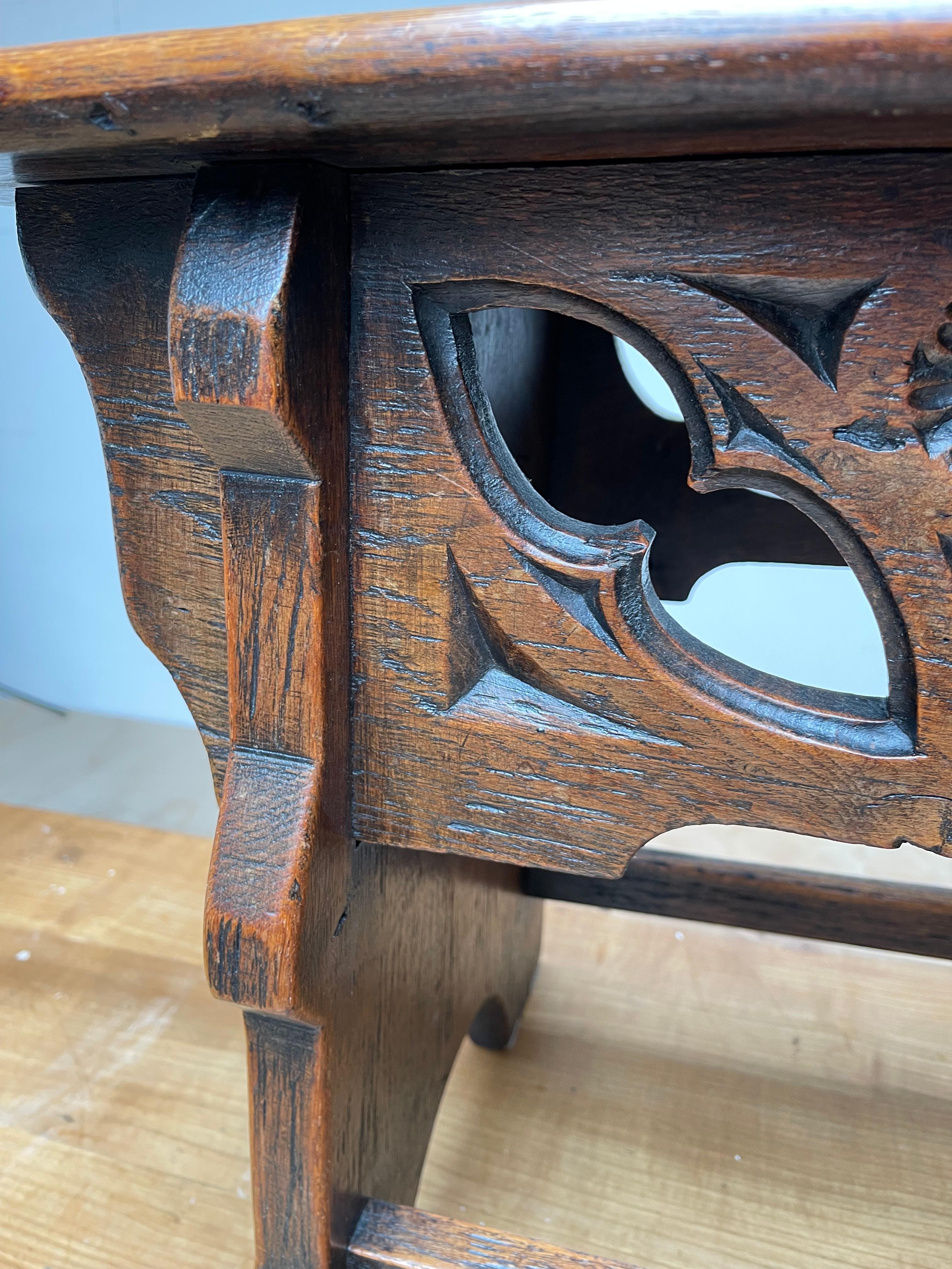 Oak Antique Early 1900s Gothic Revival Stool or Table with Hand Carved Elements For Sale