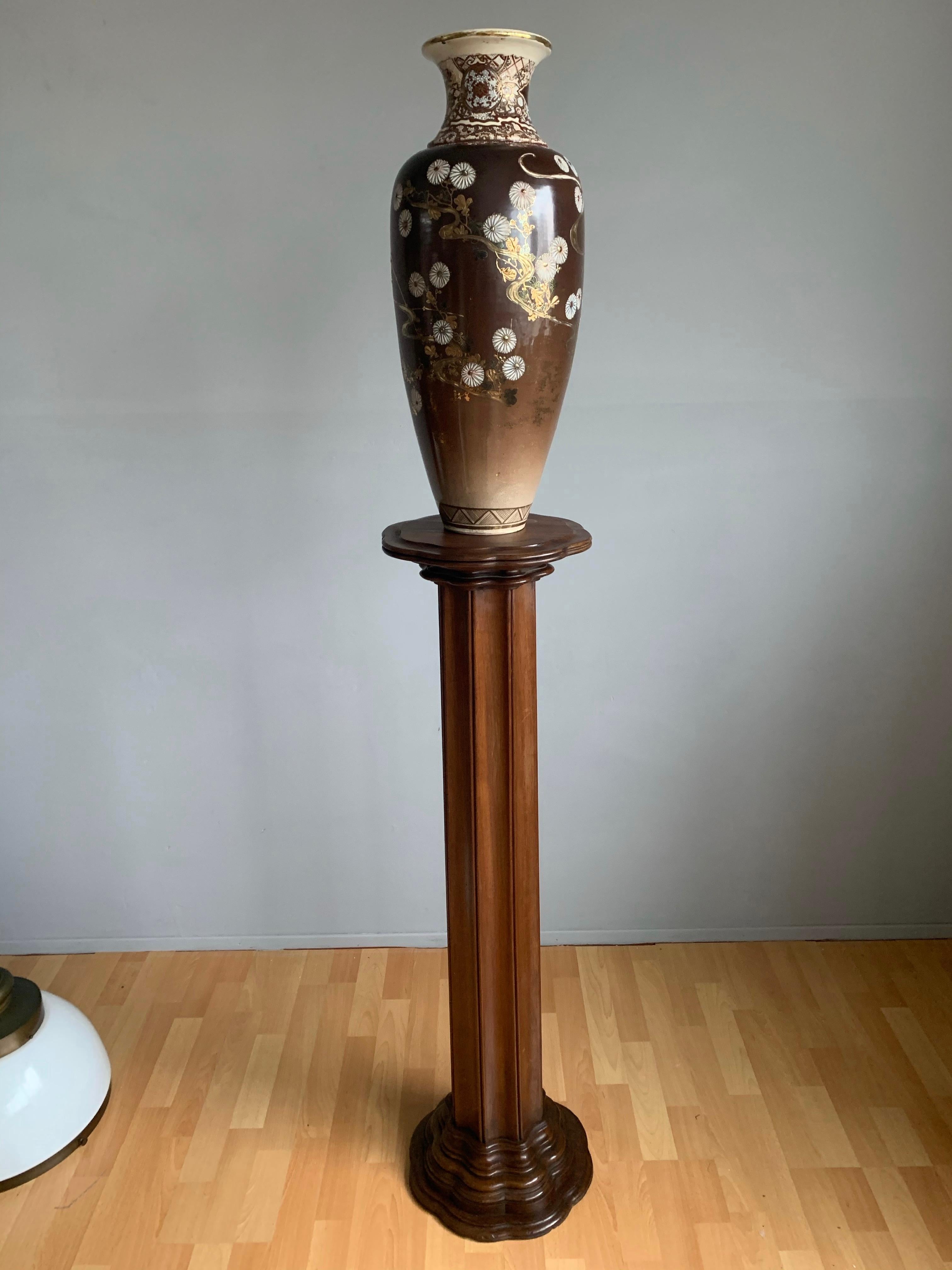 Hand-Carved Antique Early 1900s Hand Carved Mahogany Wooden Layered Pedestal Display Stand