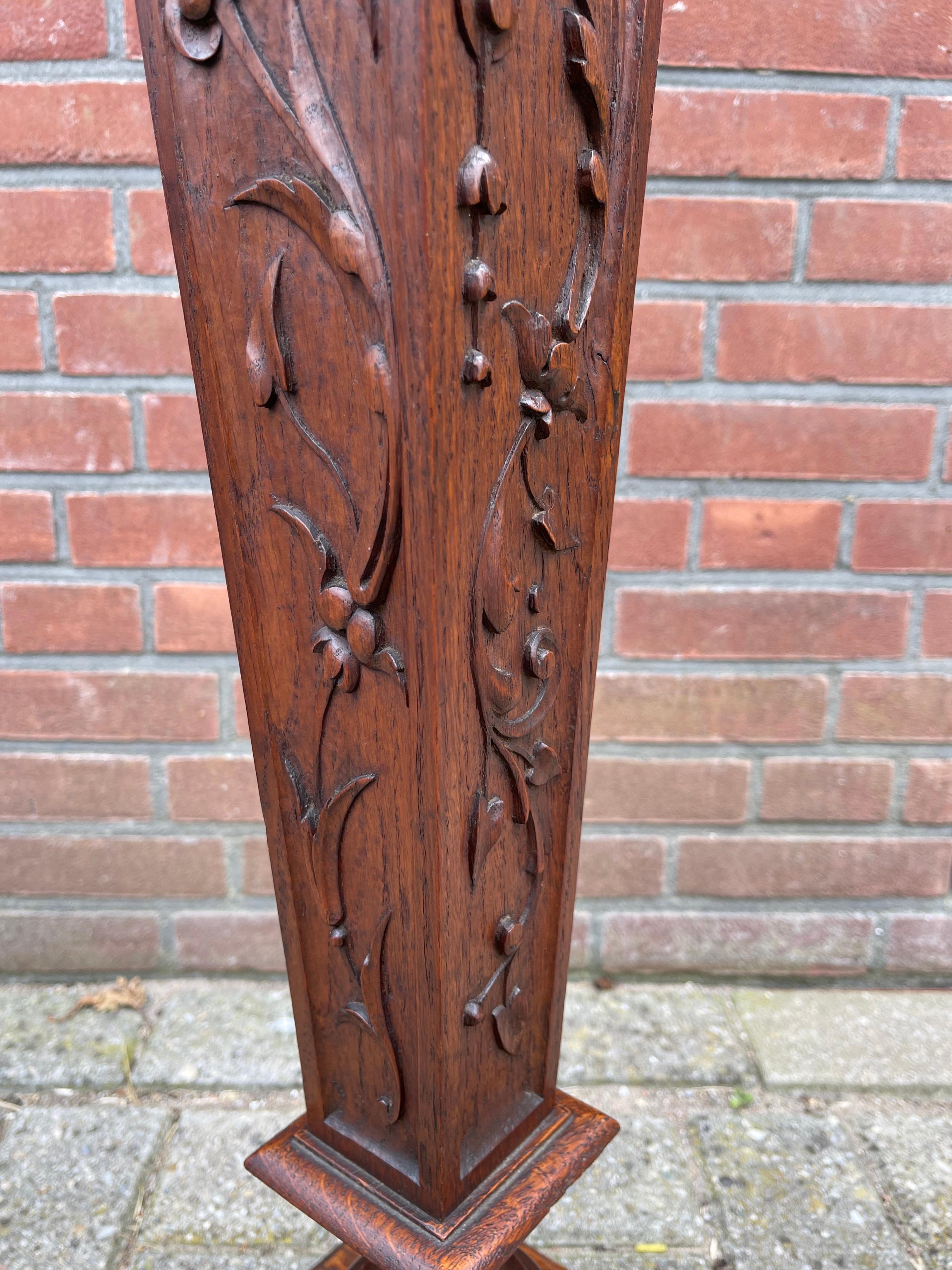 French Antique Early 1900s Hand Carved Oak Pedestal Display Stand, Floral Sculptered For Sale