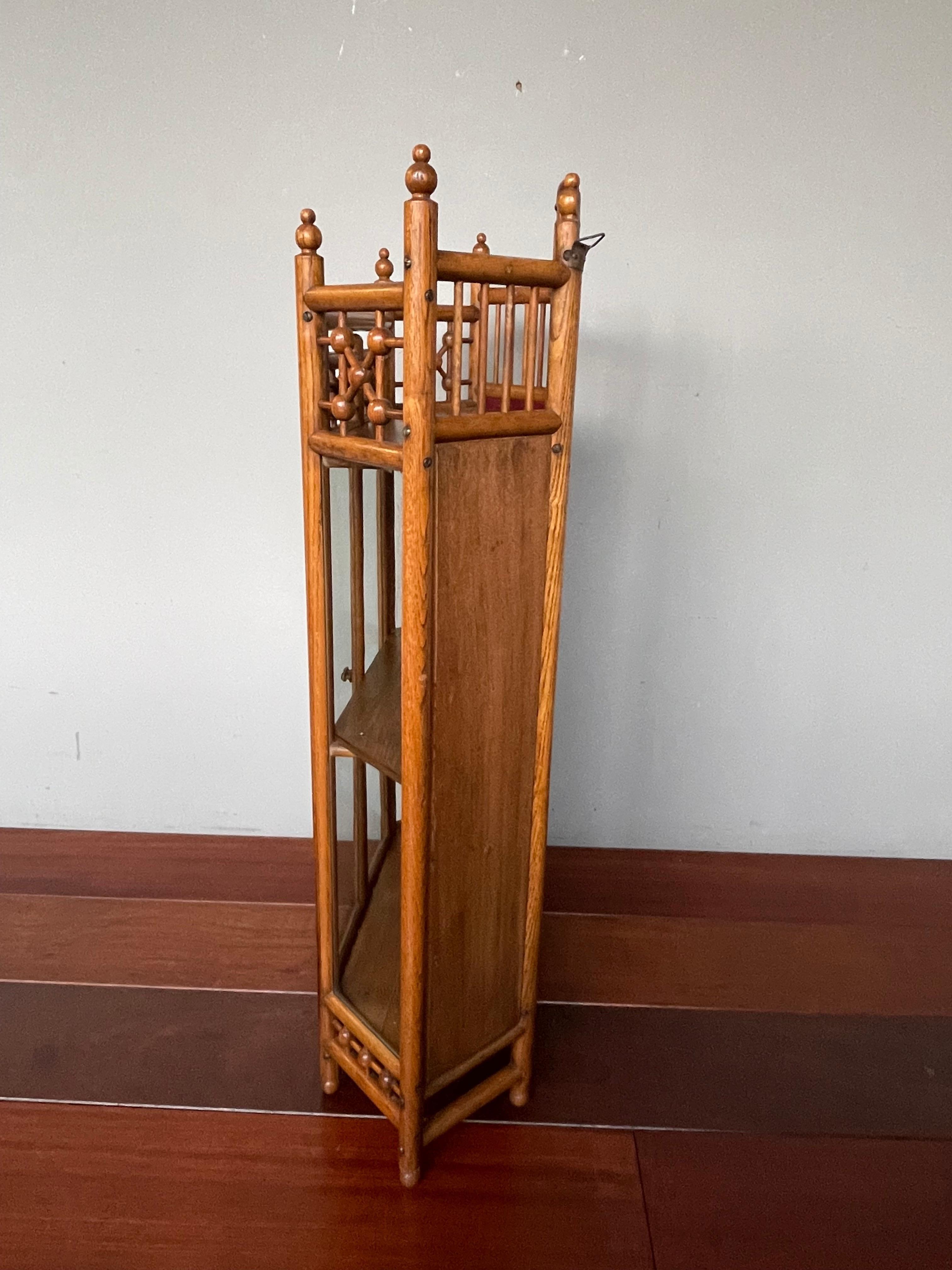 Brass Antique Early 1900s, Handmade Arts & Crafts Oak and Glass Wall Display Cabinet