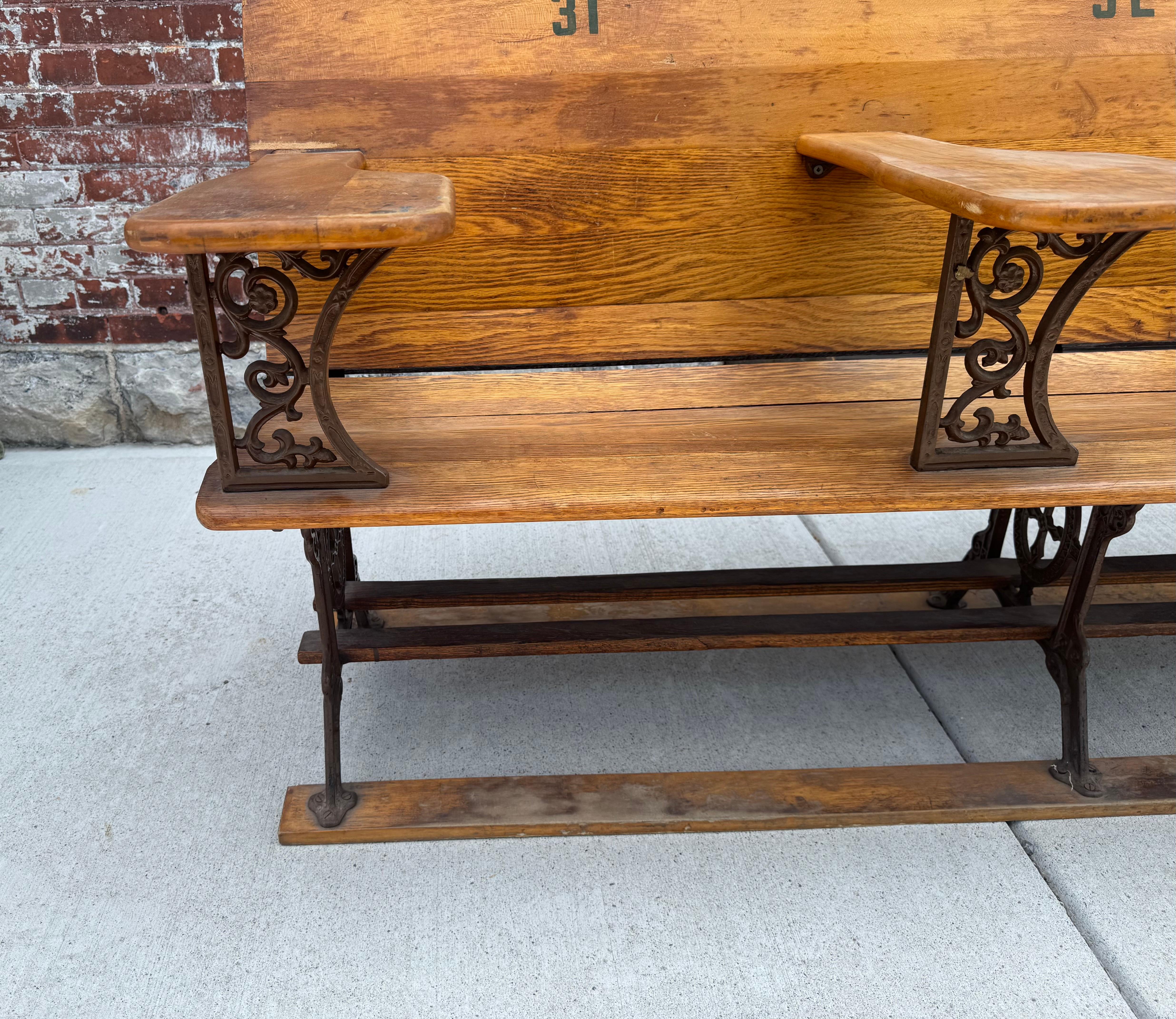 Antique early 1900's Industrial Wood &  Cast Iron School House Bench For Sale 7