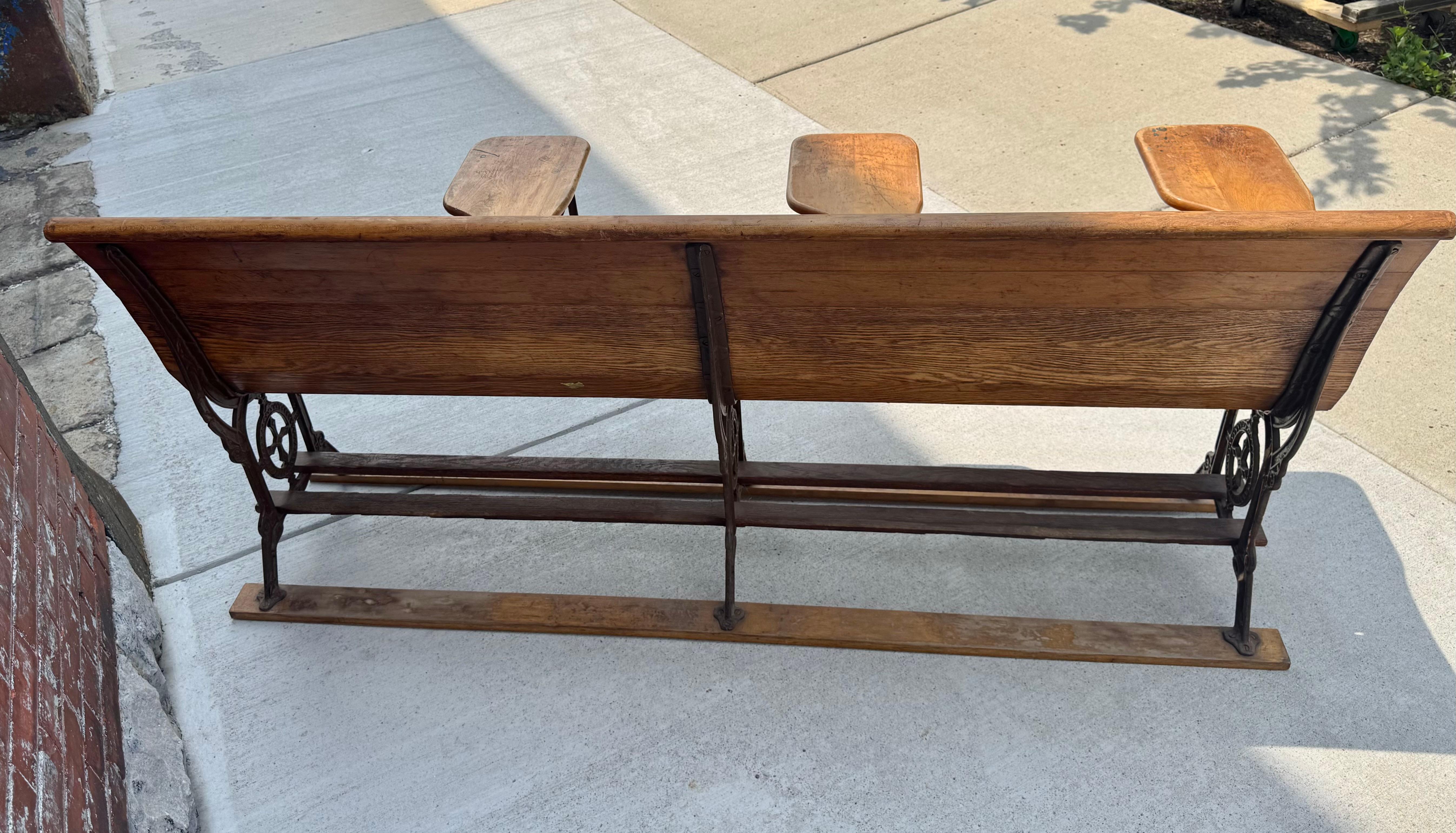 Antique early 1900's Industrial Wood &  Cast Iron School House Bench For Sale 8