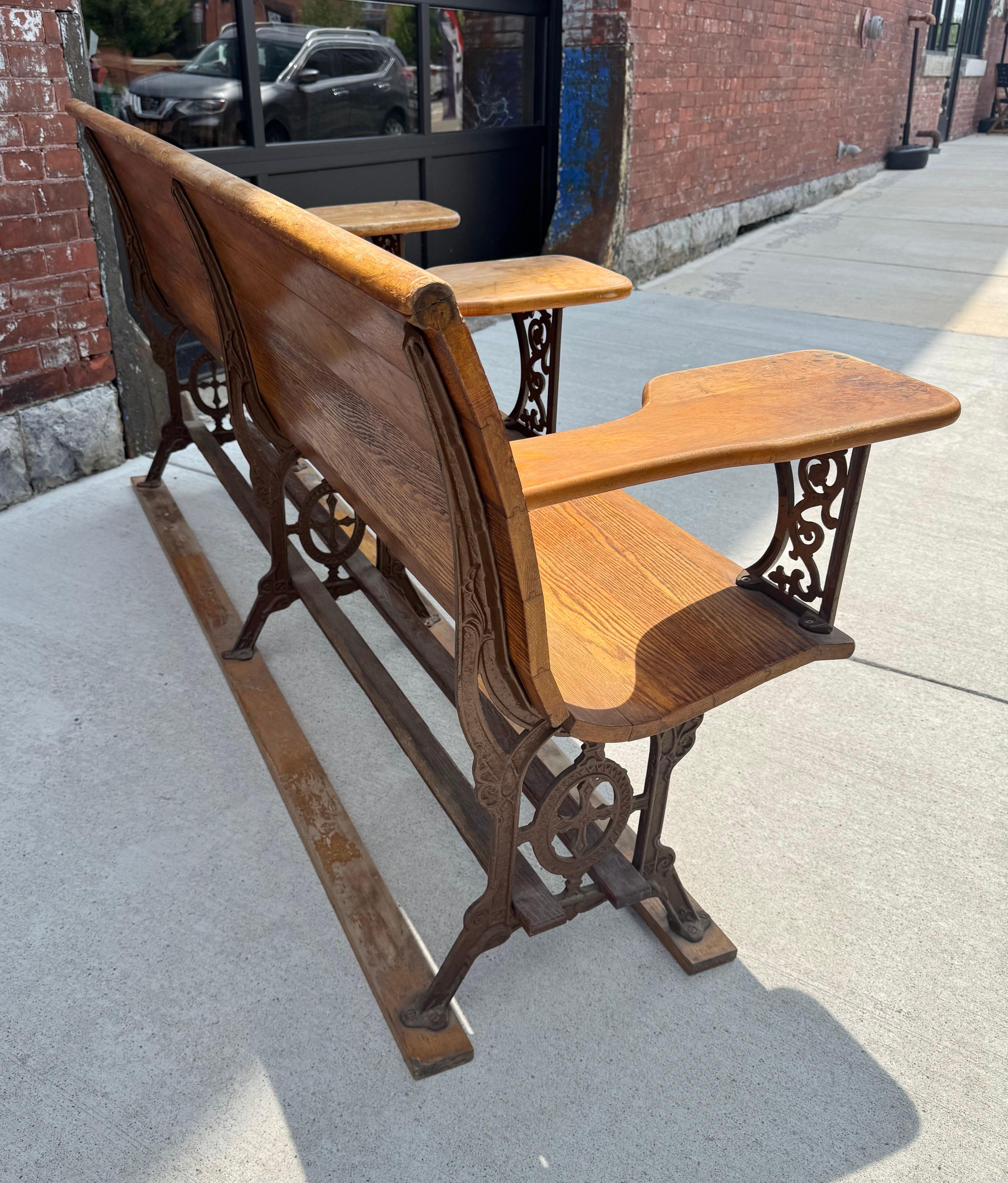 American Antique early 1900's Industrial Wood &  Cast Iron School House Bench For Sale