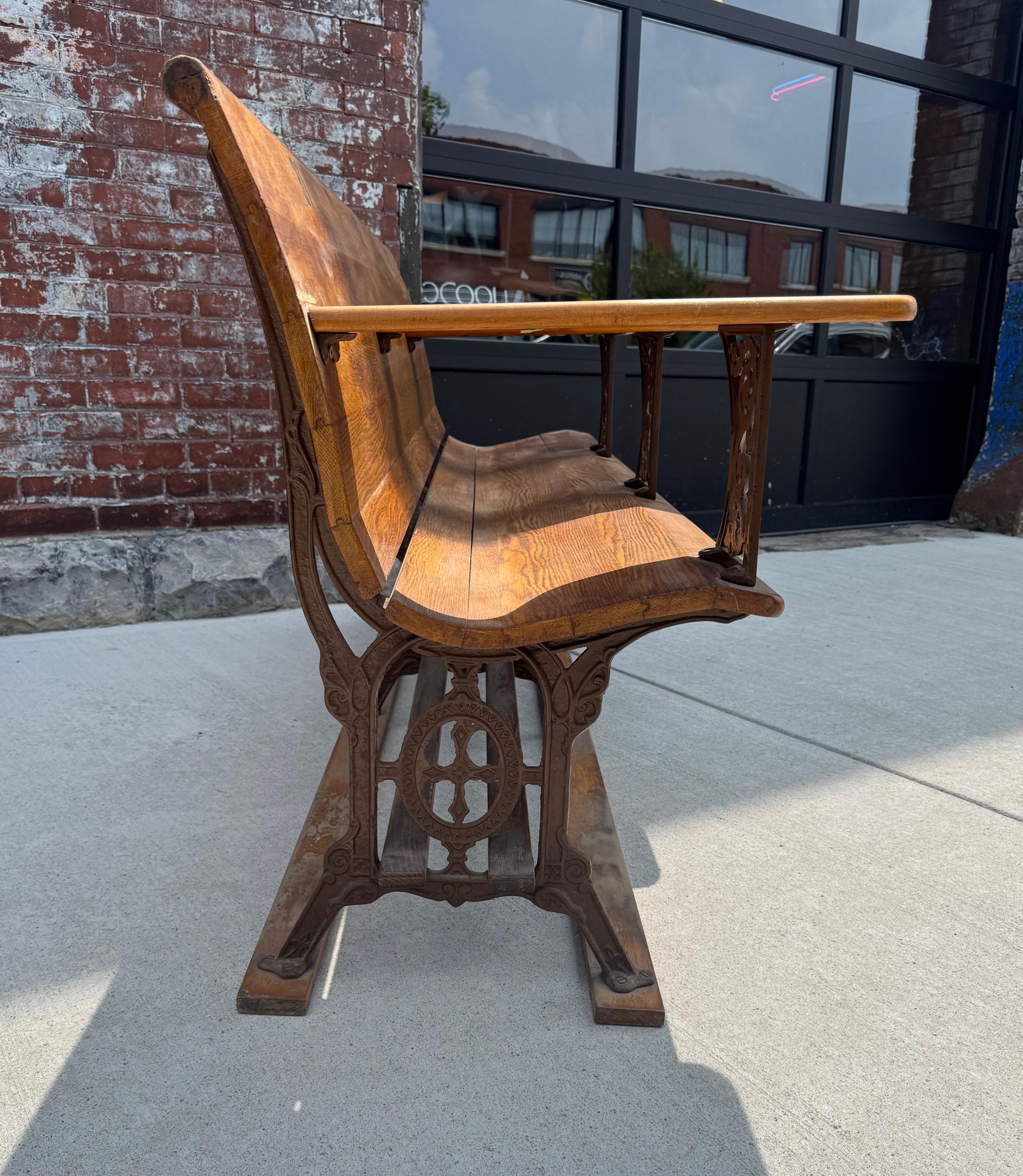 Antique early 1900's Industrial Wood &  Cast Iron School House Bench In Distressed Condition For Sale In Buffalo, NY