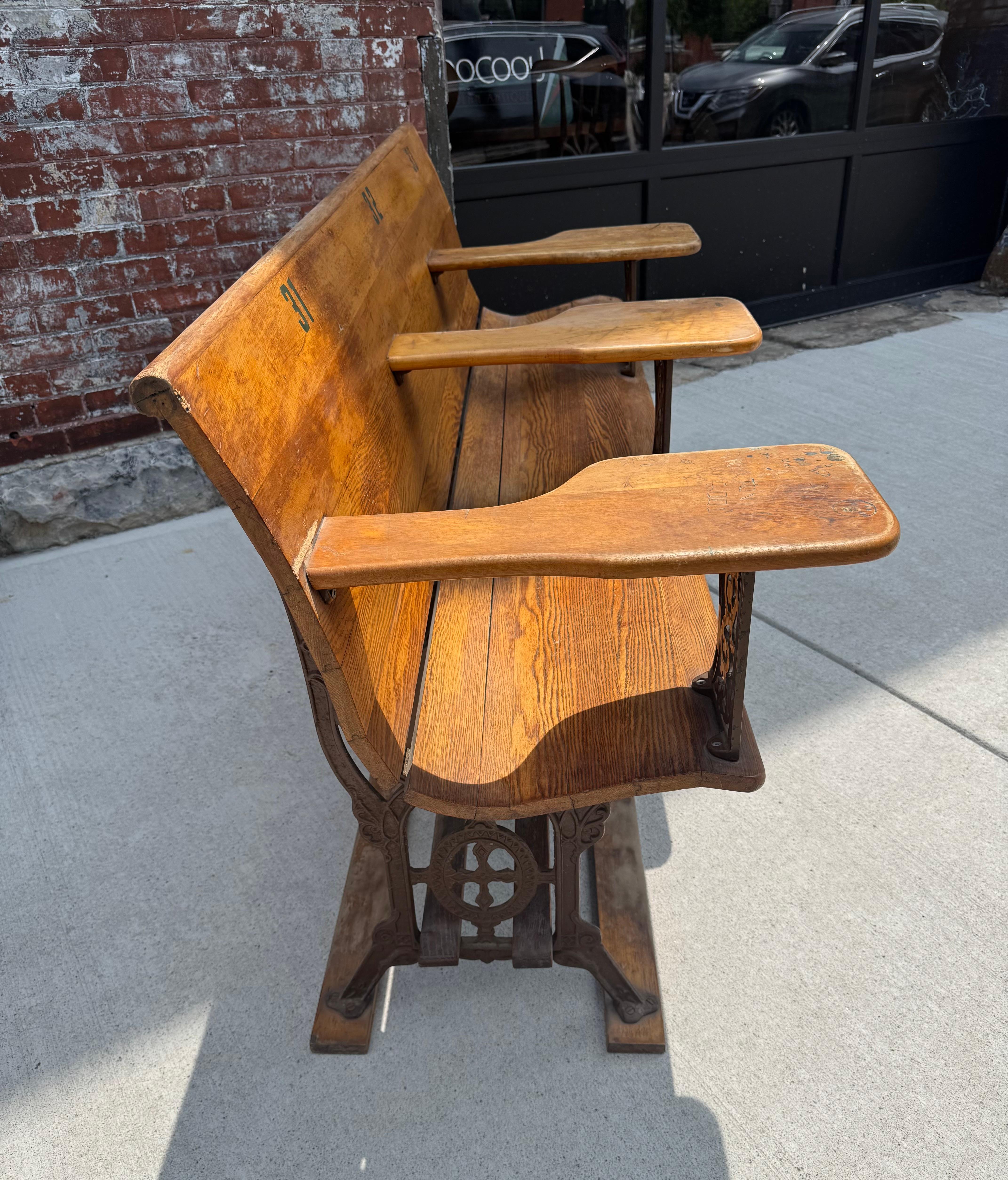Antique early 1900's Industrial Wood &  Cast Iron School House Bench For Sale 1