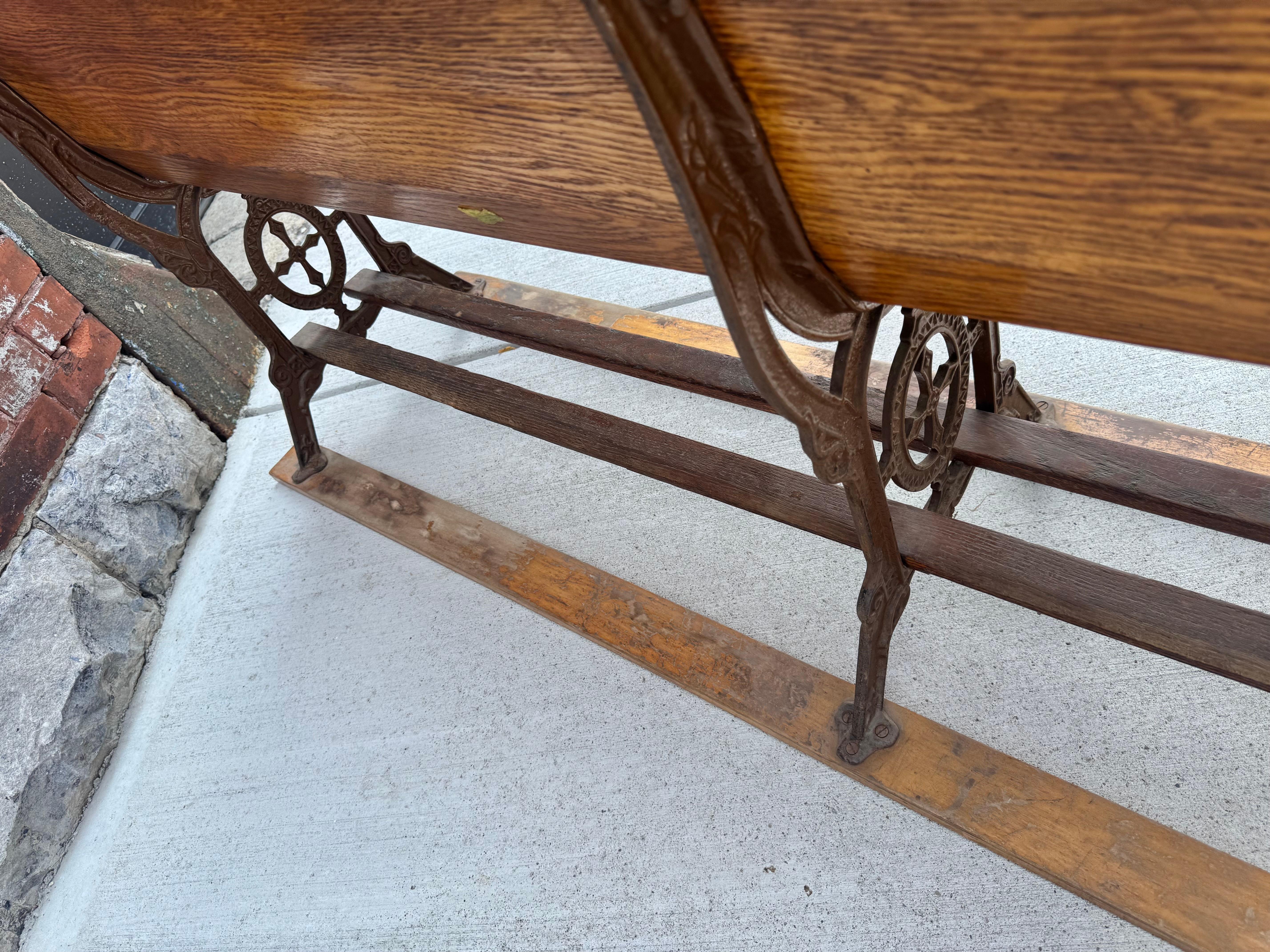 Antique early 1900's Industrial Wood &  Cast Iron School House Bench For Sale 3