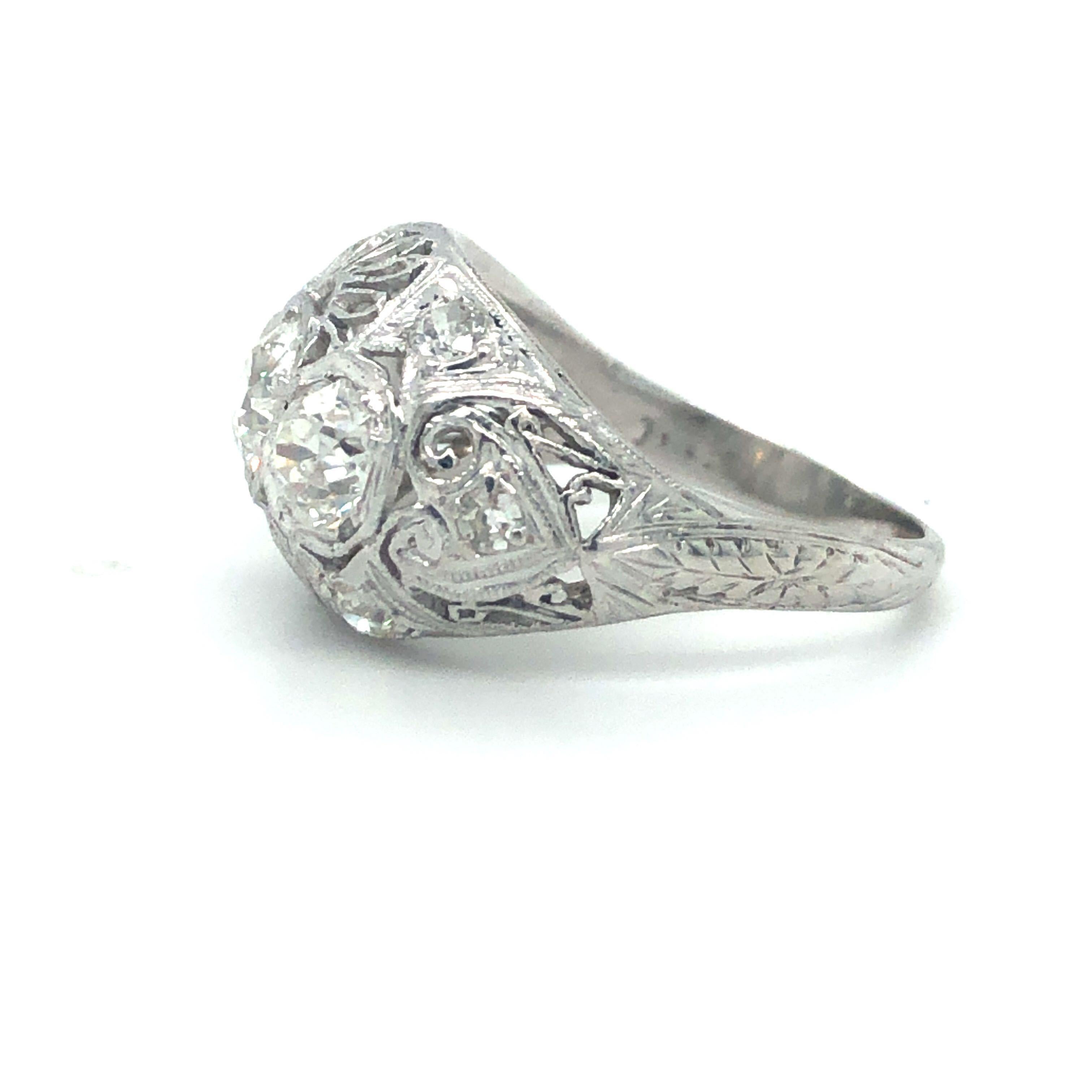 Old Mine Cut Antique Early 1900s Old Cut Diamond Three-Stone Filigree Ring Platinum