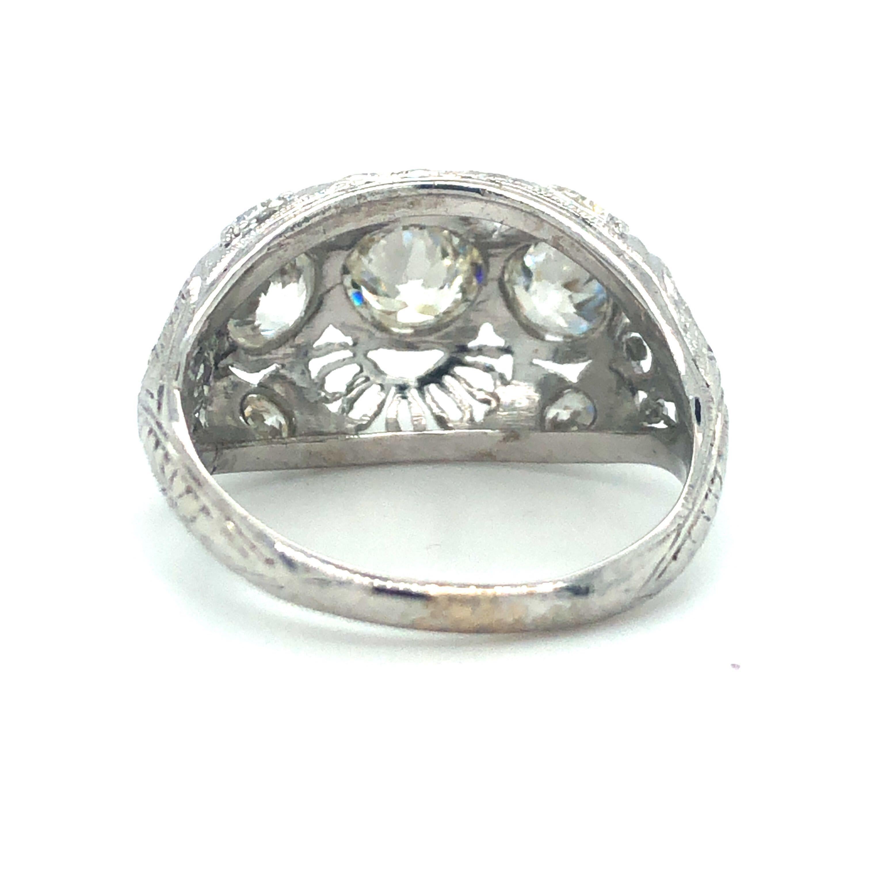 Women's Antique Early 1900s Old Cut Diamond Three-Stone Filigree Ring Platinum