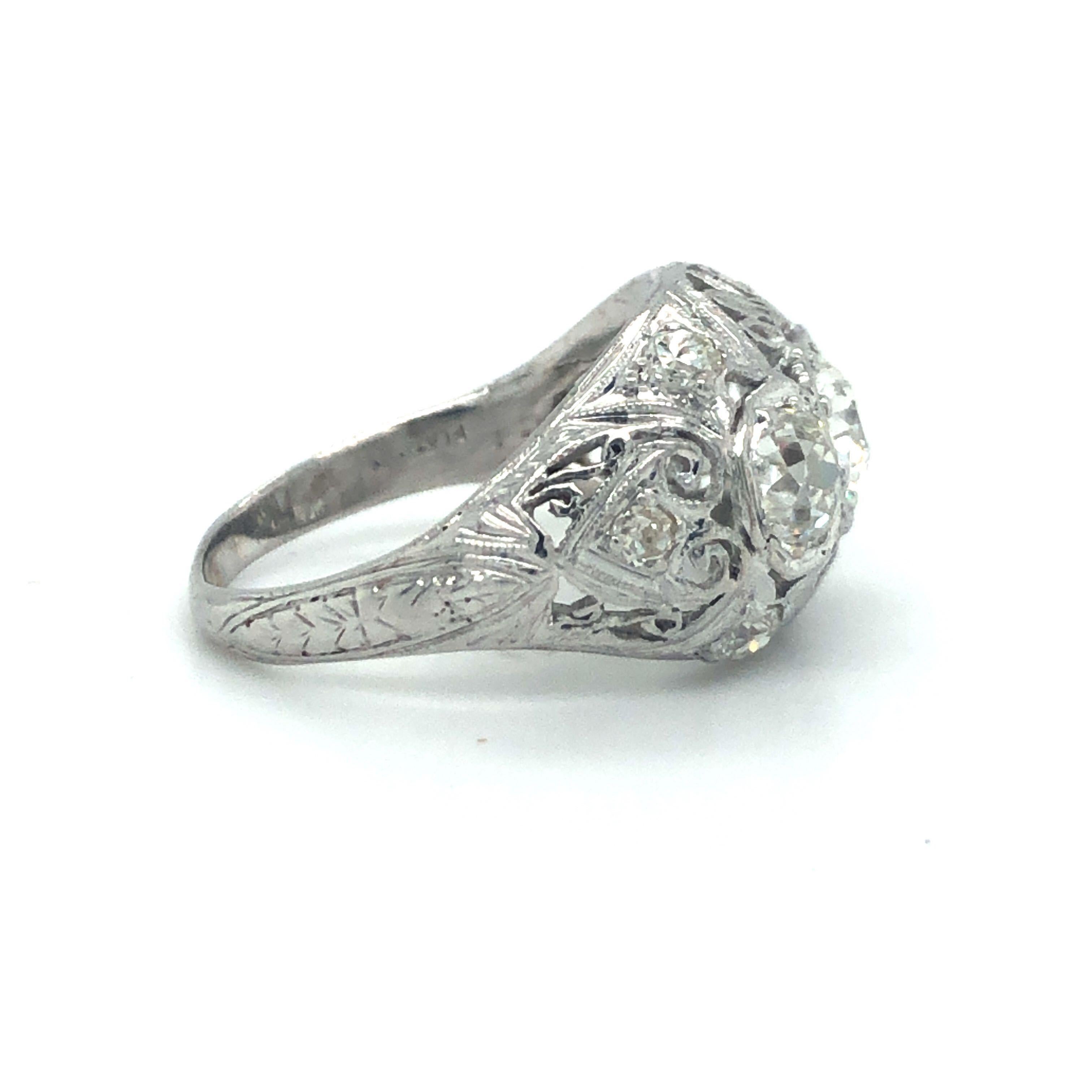Antique Early 1900s Old Cut Diamond Three-Stone Filigree Ring Platinum 2