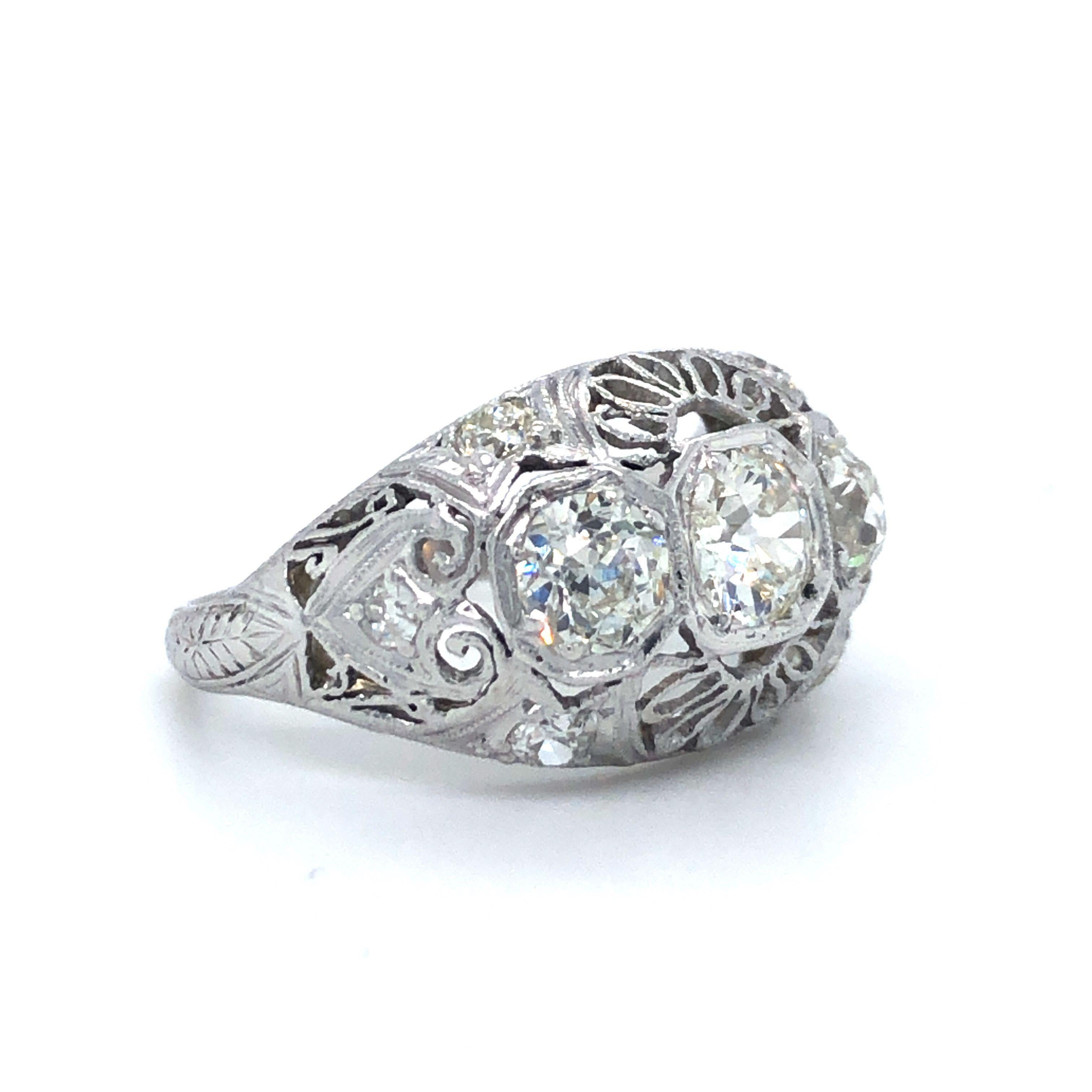 Antique Early 1900s Old Cut Diamond Three-Stone Filigree Ring Platinum 3