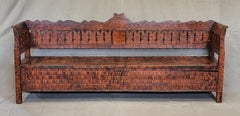 Antique Early 1900s Romanian Faux-Bois Hand Painted Pine Long Storage Bench