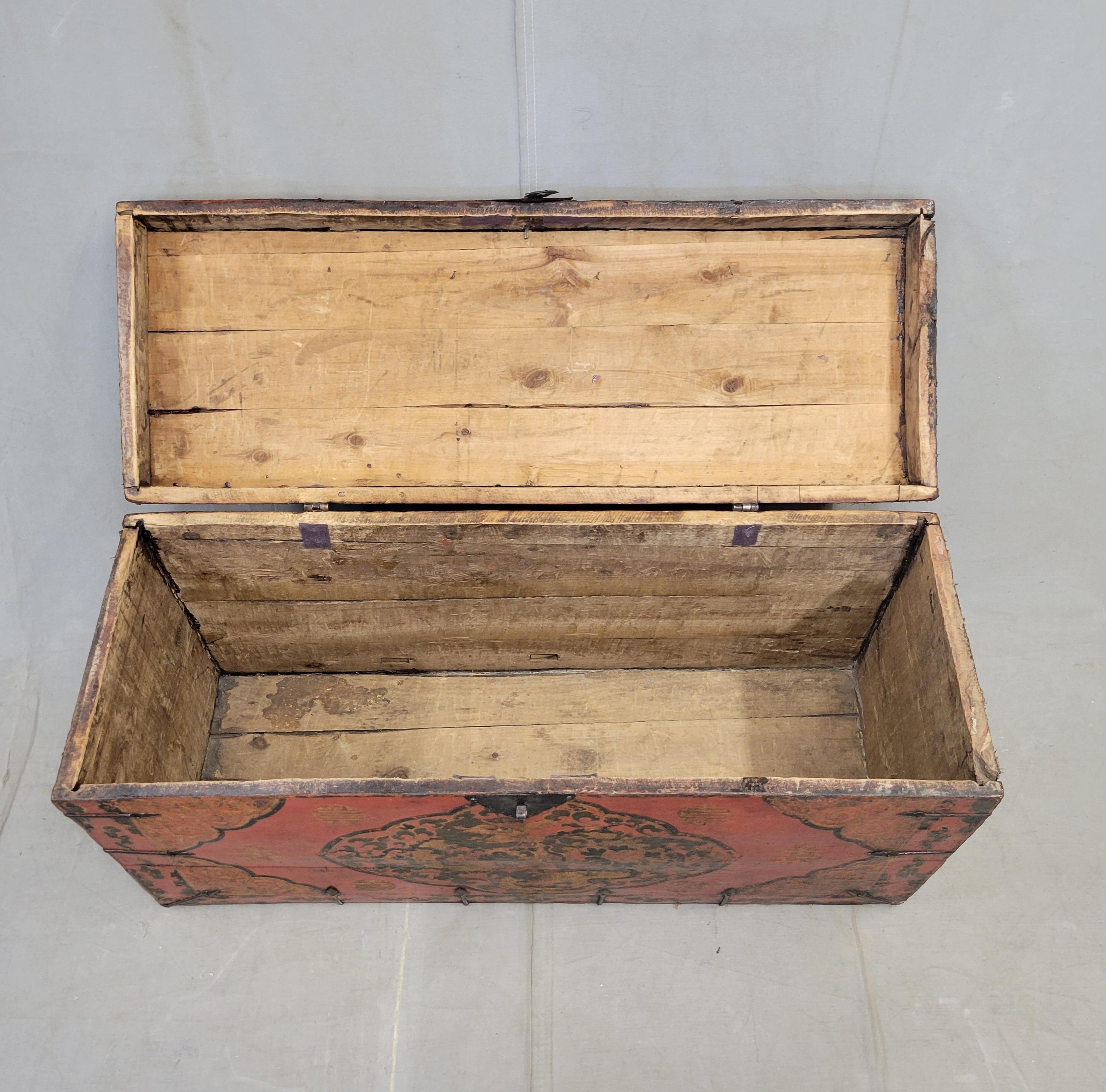 Fabric Antique Early 1900s Tibetan Trunk With Original Paint in Dragon Motif For Sale
