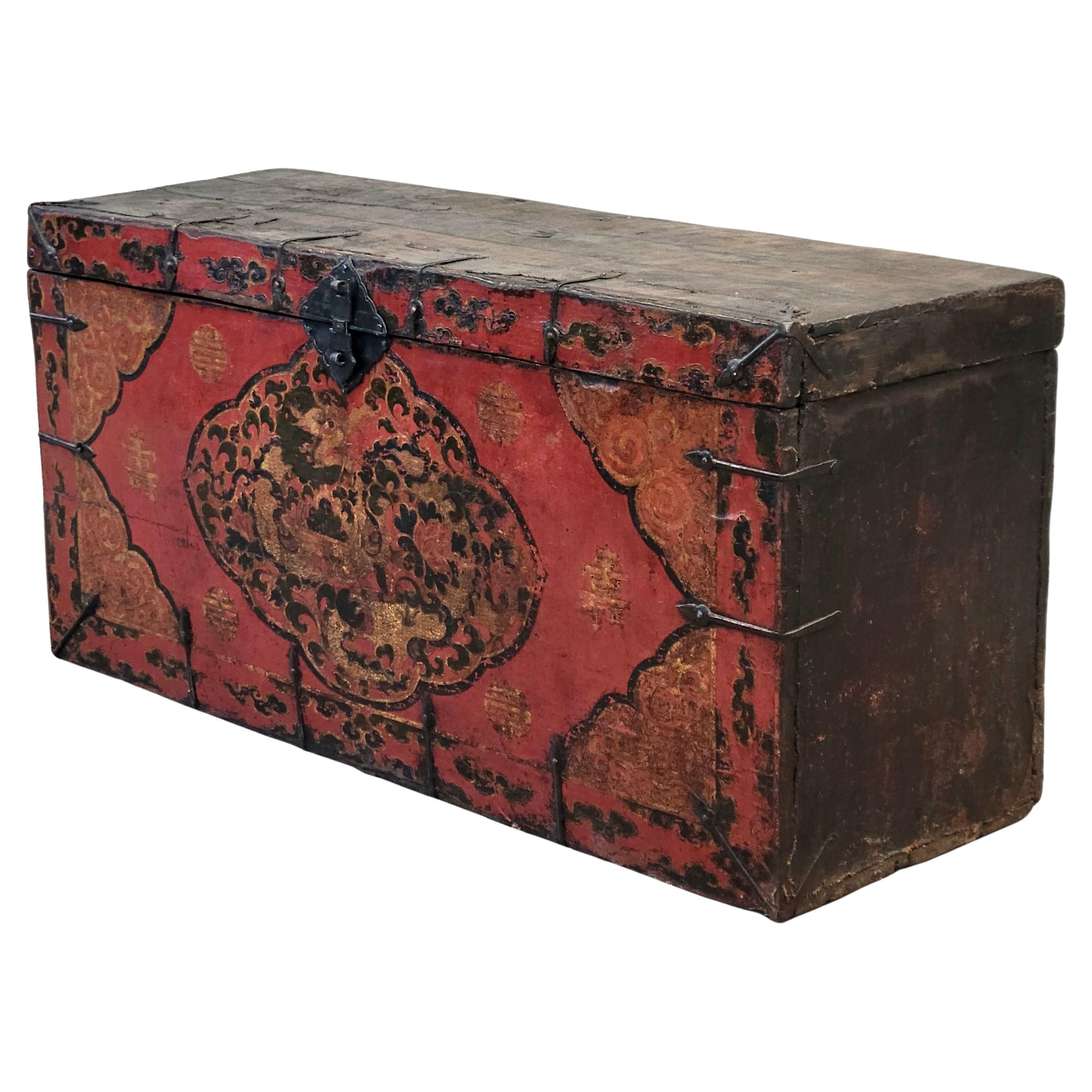 Antique Early 1900s Tibetan Trunk With Original Paint in Dragon Motif For Sale