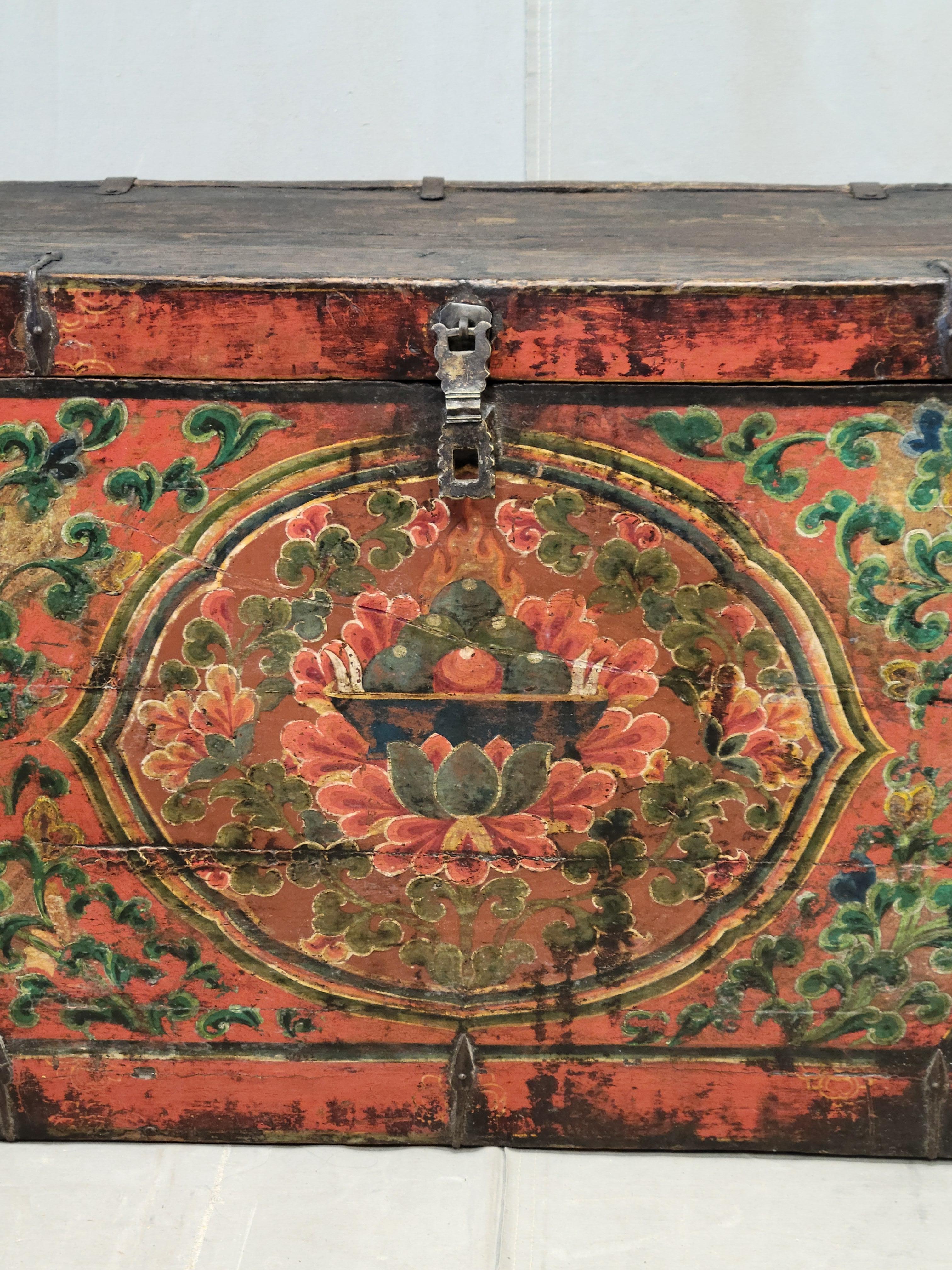 Hand-Crafted Antique Early 1900s Tibetan Trunk With Original Paint in Flaming Jewel Motif