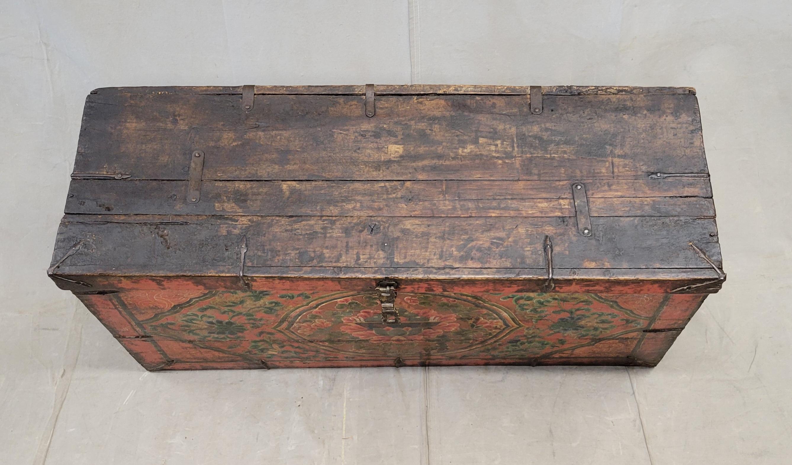 20th Century Antique Early 1900s Tibetan Trunk With Original Paint in Flaming Jewel Motif