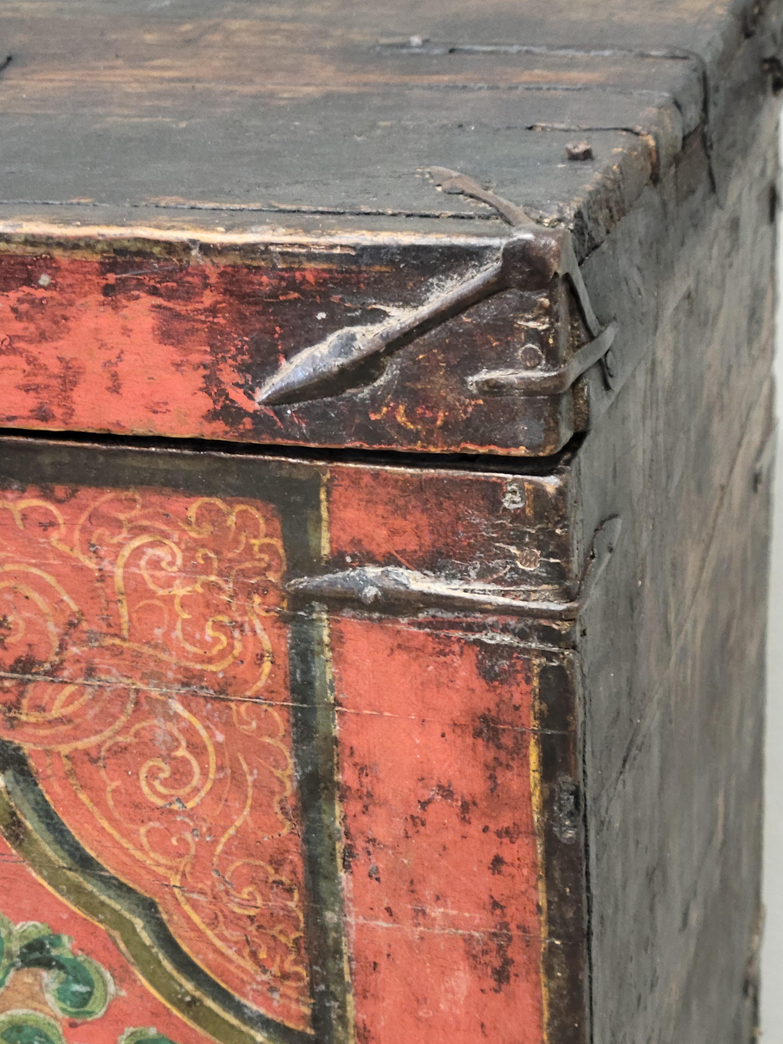 Antique Early 1900s Tibetan Trunk With Original Paint in Flaming Jewel Motif 1