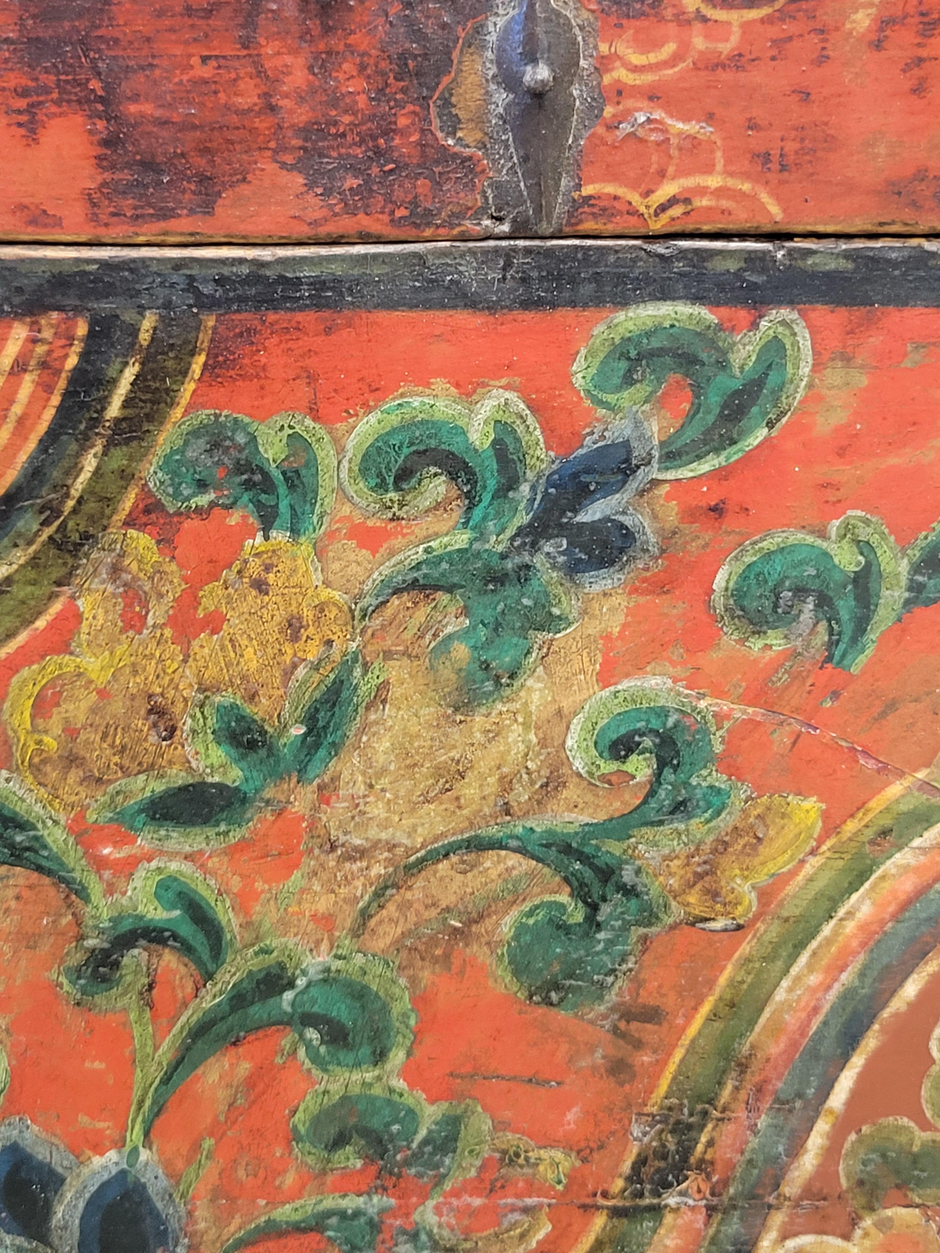 Antique Early 1900s Tibetan Trunk With Original Paint in Flaming Jewel Motif 2