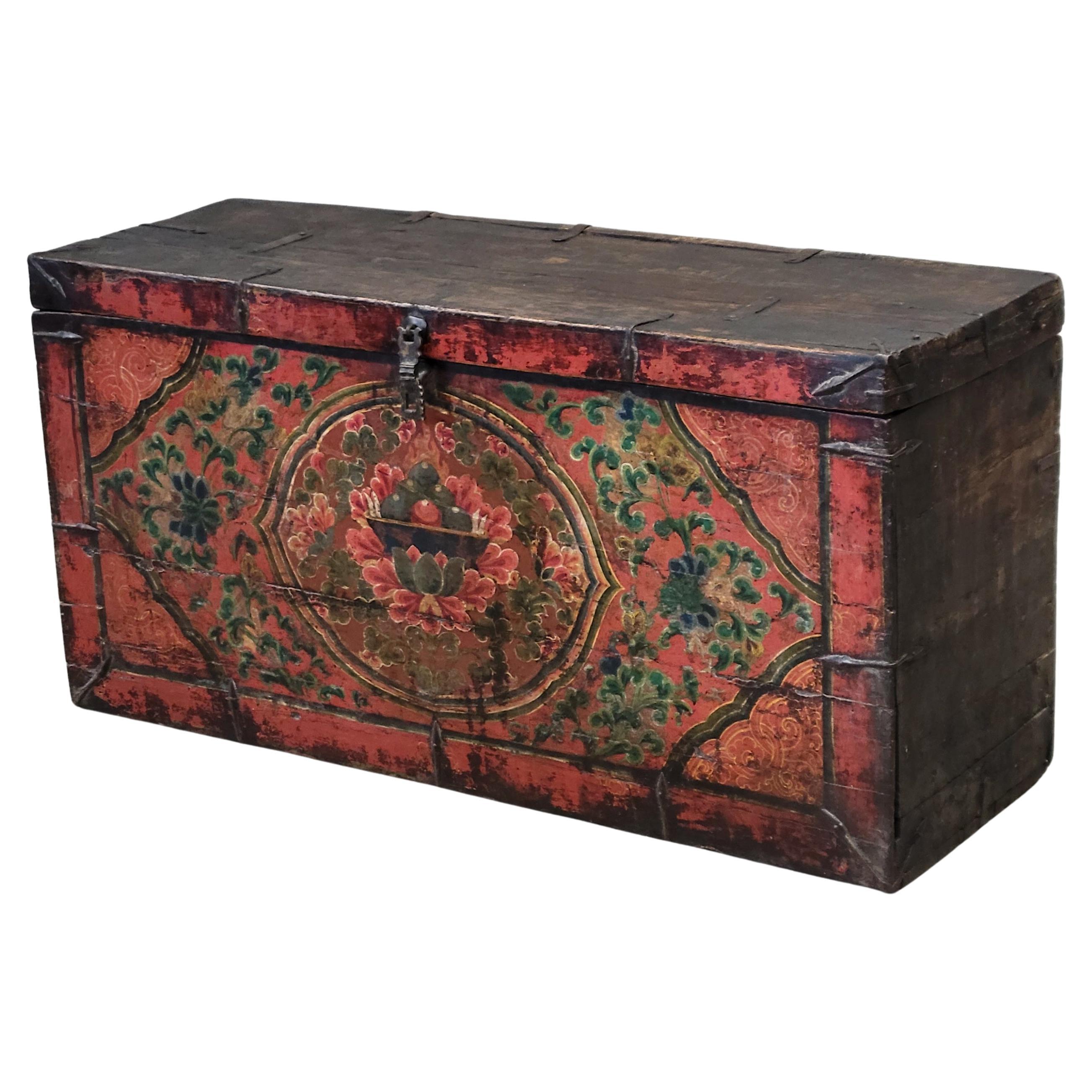 Antique Early 1900s Tibetan Trunk With Original Paint in Flaming Jewel Motif