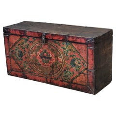 Antique Early 1900s Tibetan Trunk With Original Paint in Flaming Jewel Motif