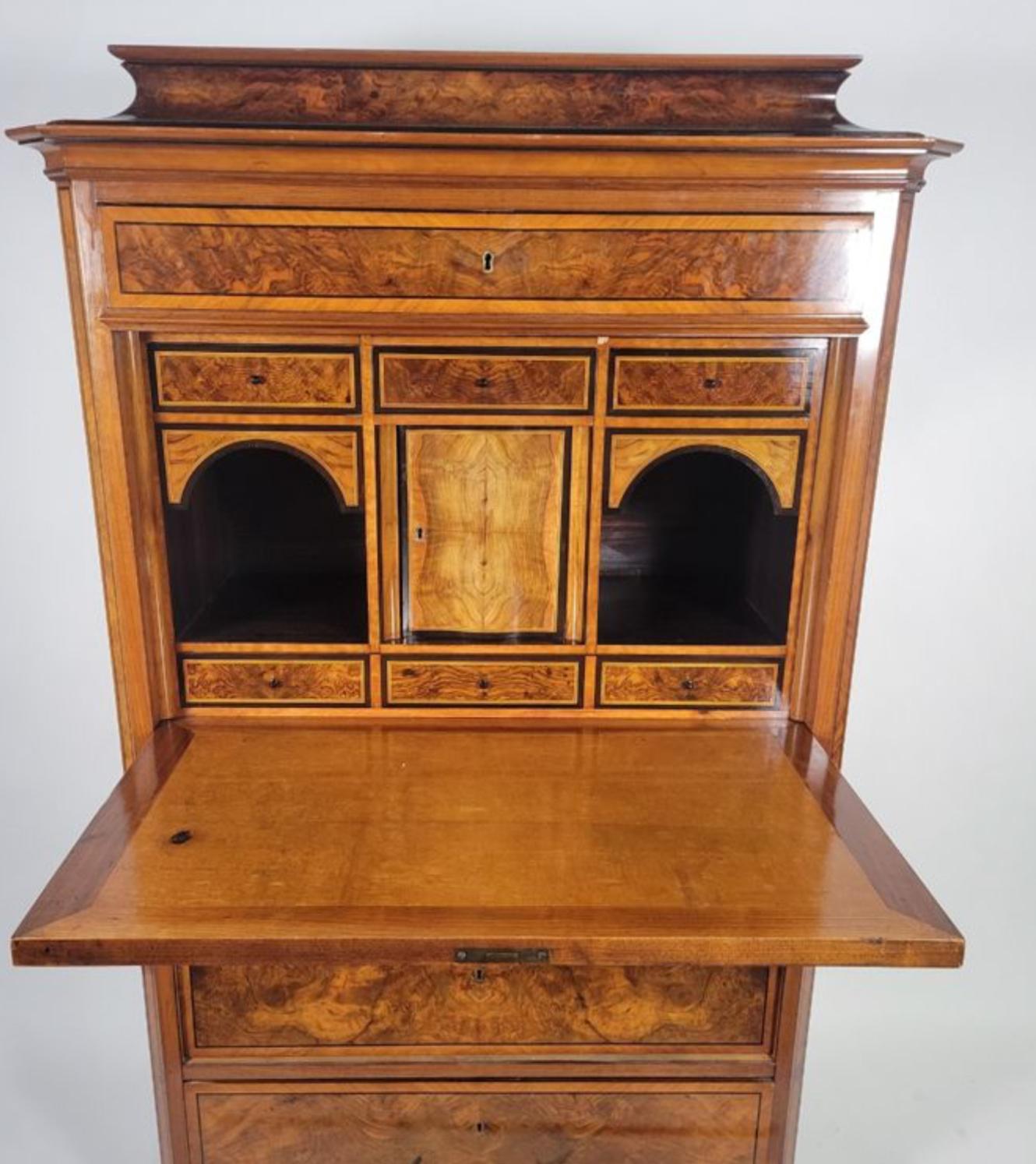 Antique Early 19c Biedermeier Burl Walnut Secretary Desk In Good Condition In LOS ANGELES, CA