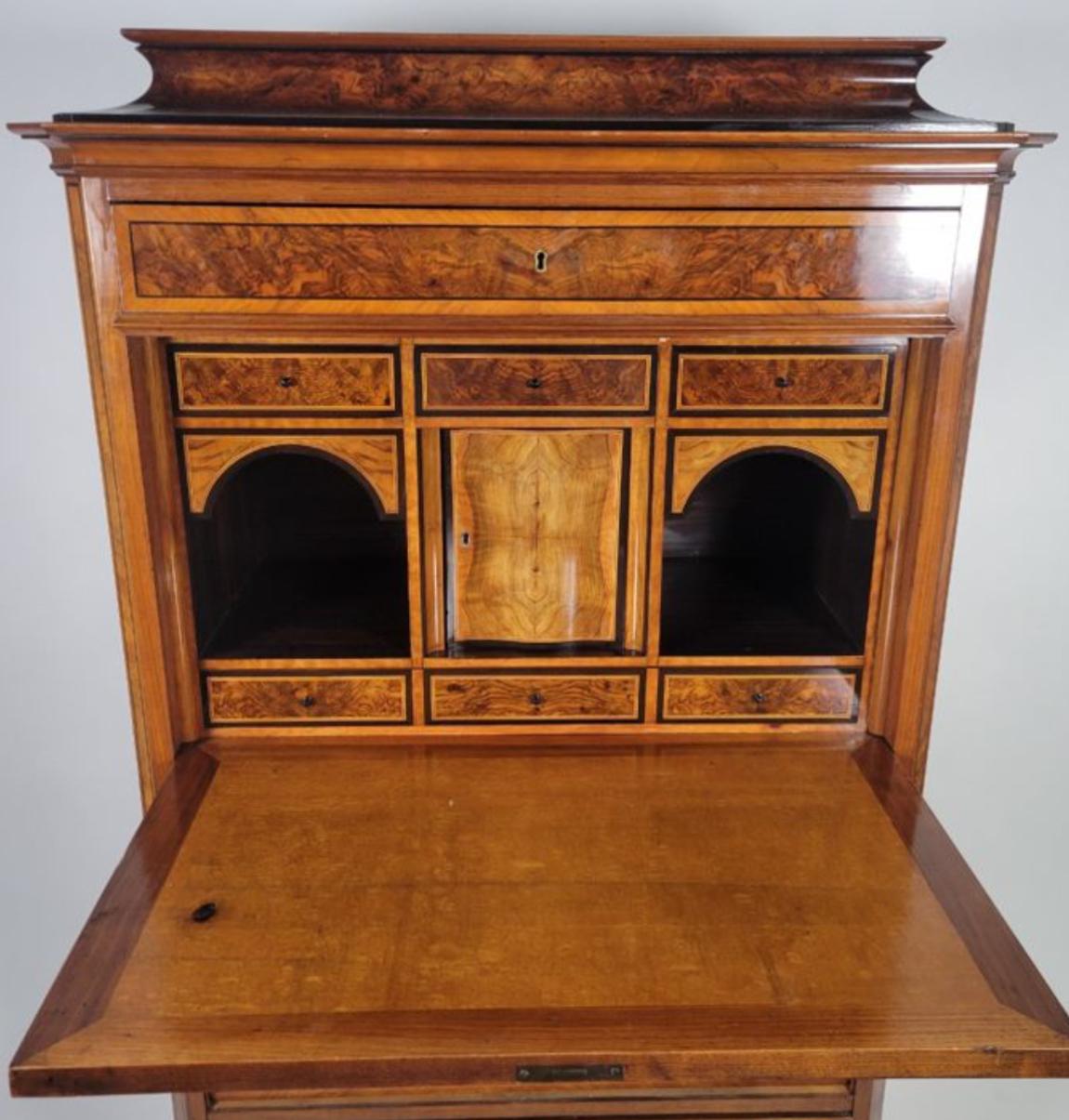 19th Century Antique Early 19c Biedermeier Burl Walnut Secretary Desk