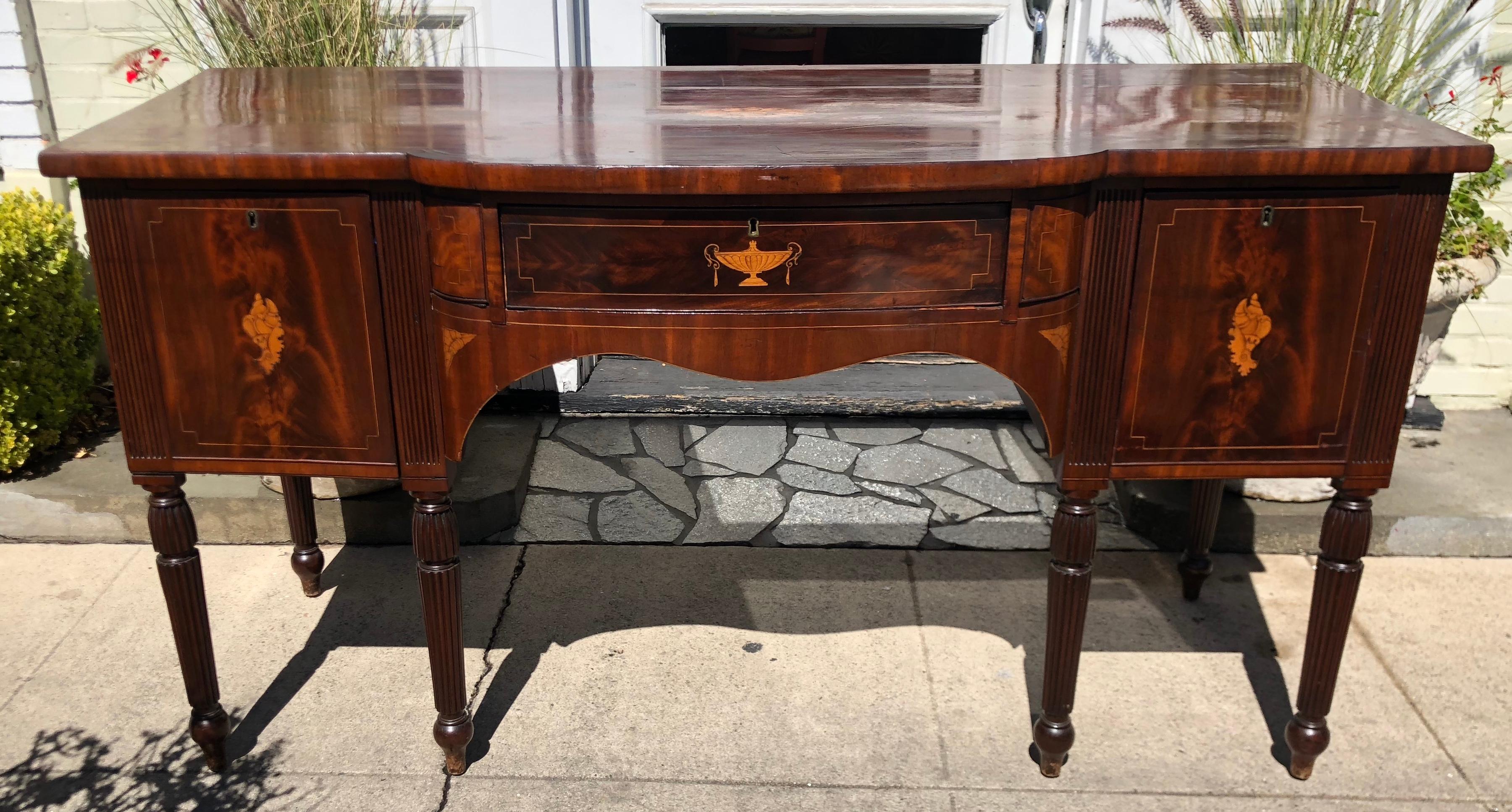 Inlay Antique Early 19th Century English Regency Inlaid Mahogany Sideboard Buffet