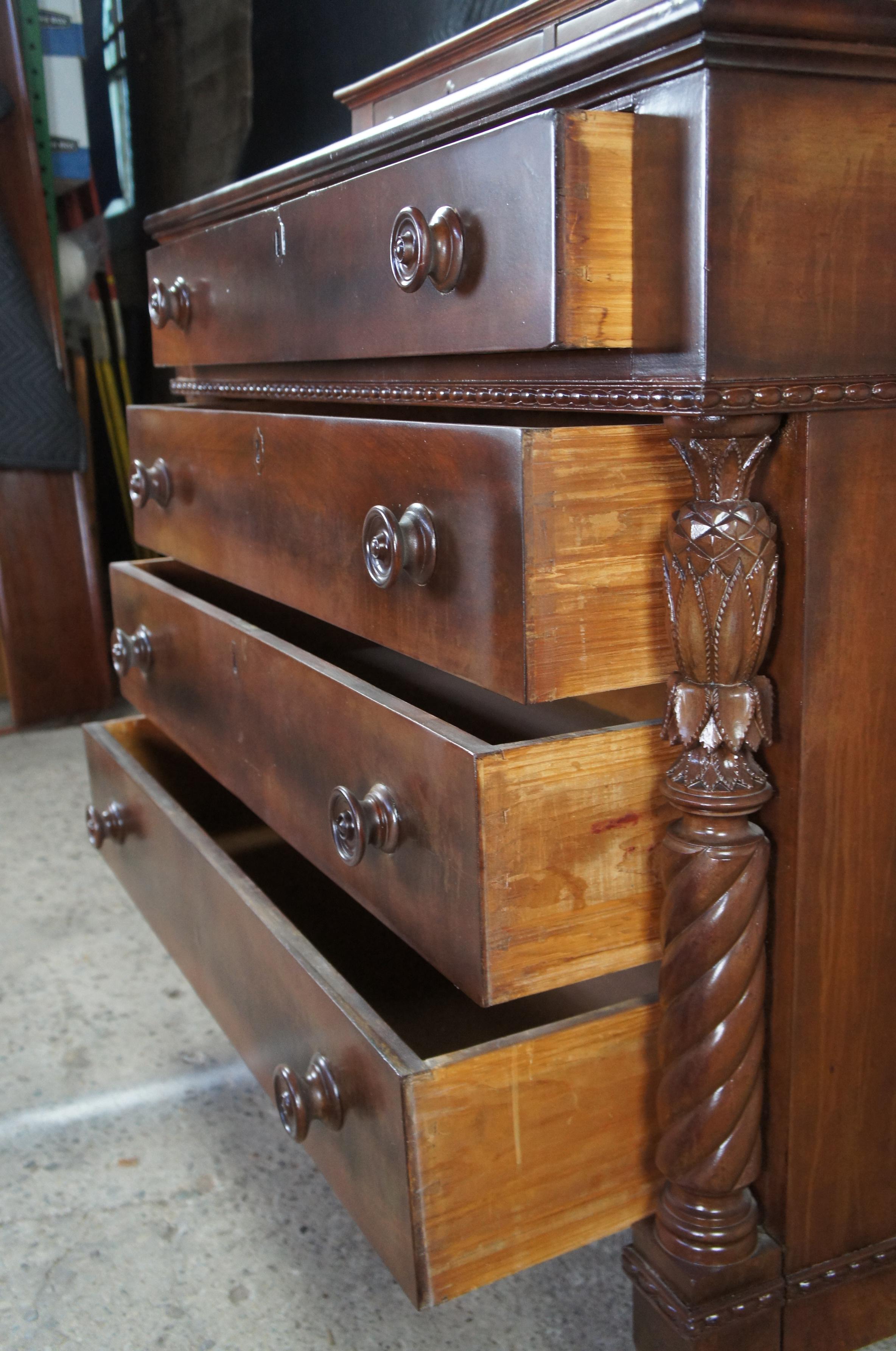 19th Century Antique Early 19th C. American Empire Crotch Mahogany Stepback Dresser Chest