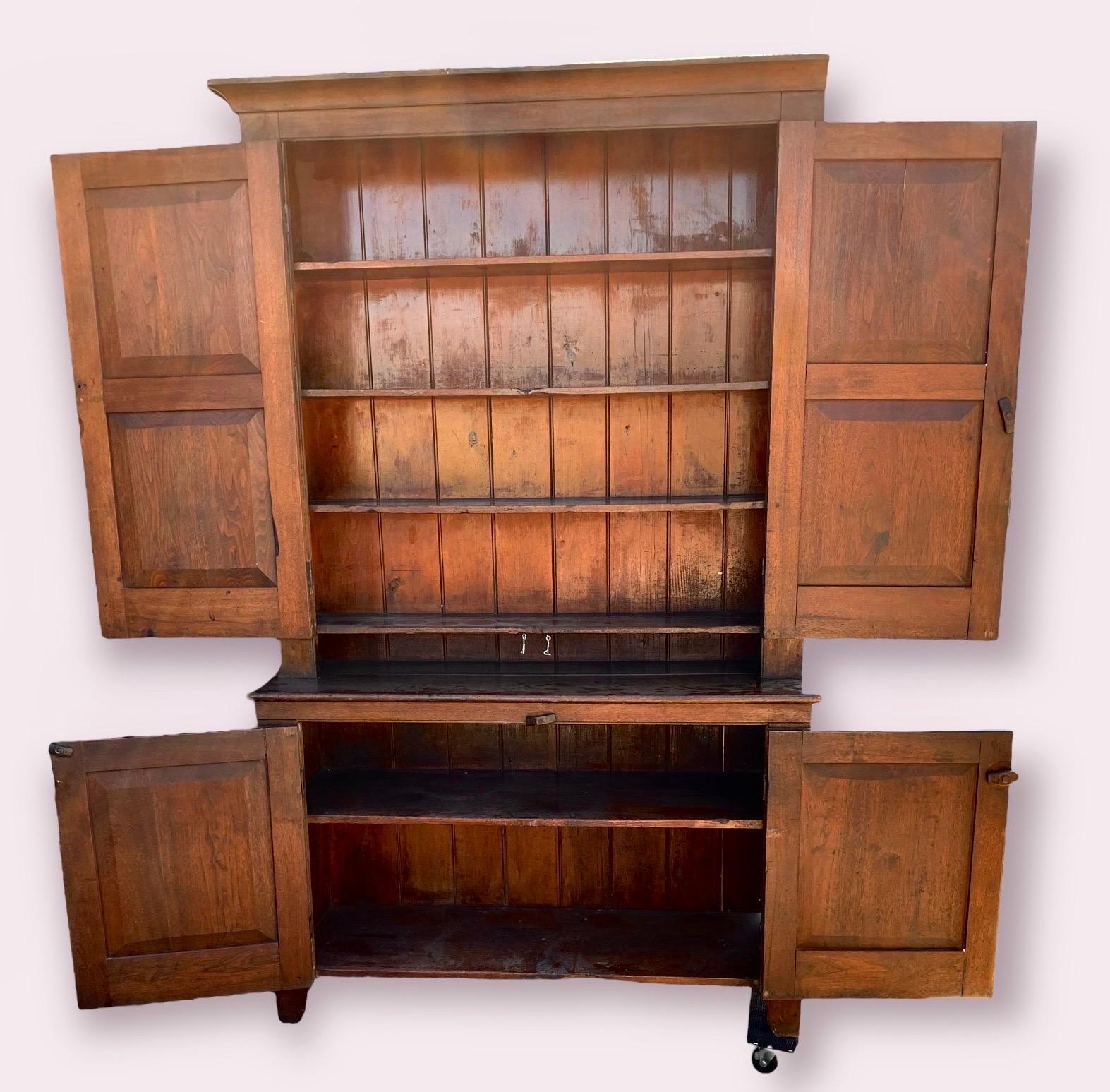 Rustic Antique Early 19th C. Amish Cherry-Wood Step-Back Cupboard