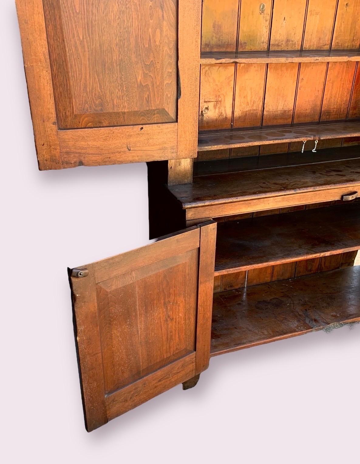 Hand-Carved Antique Early 19th C. Amish Cherry-Wood Step-Back Cupboard