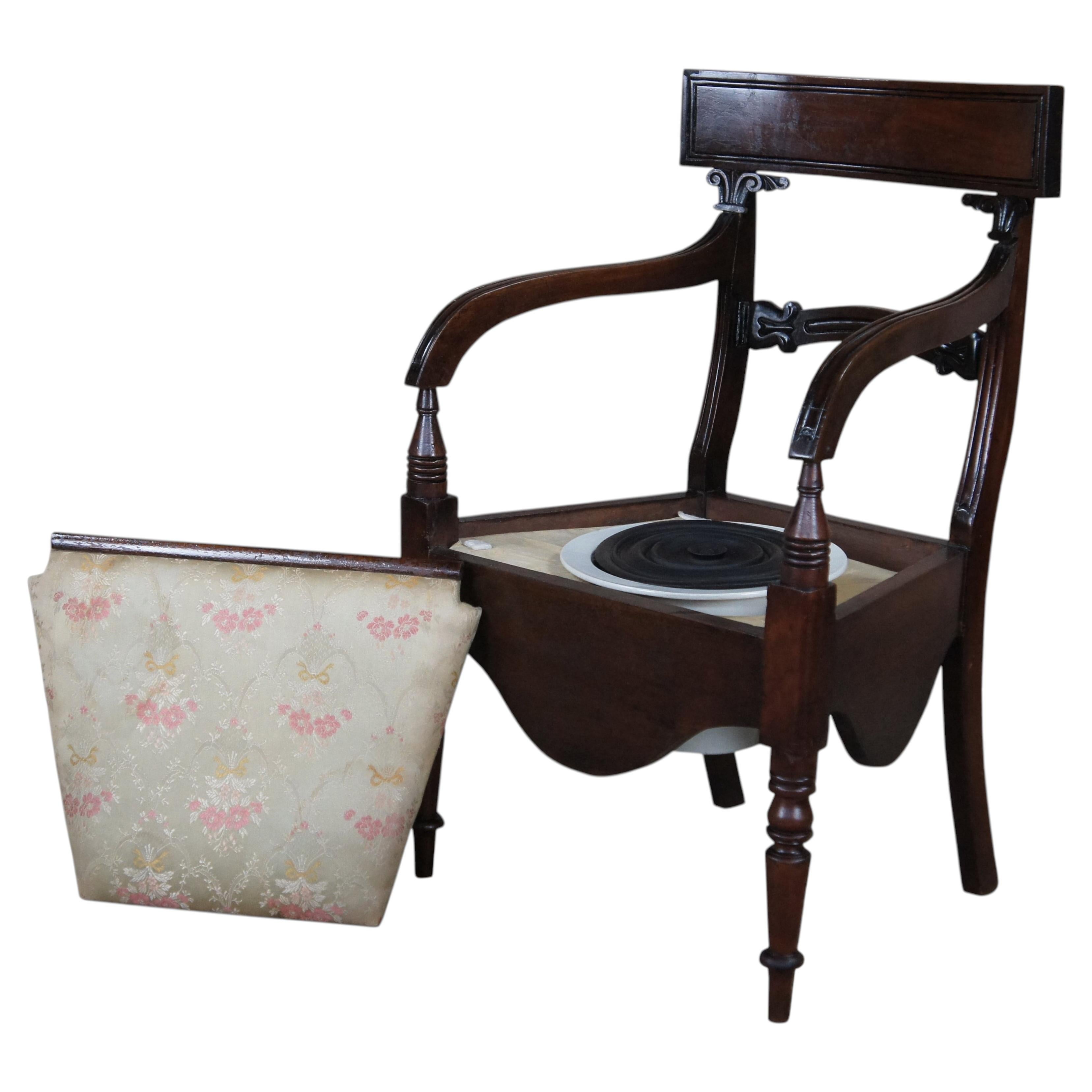 Antique Early 19th C. English Regency Mahogany Commode Arm Chair W/ Chamber Pot For Sale