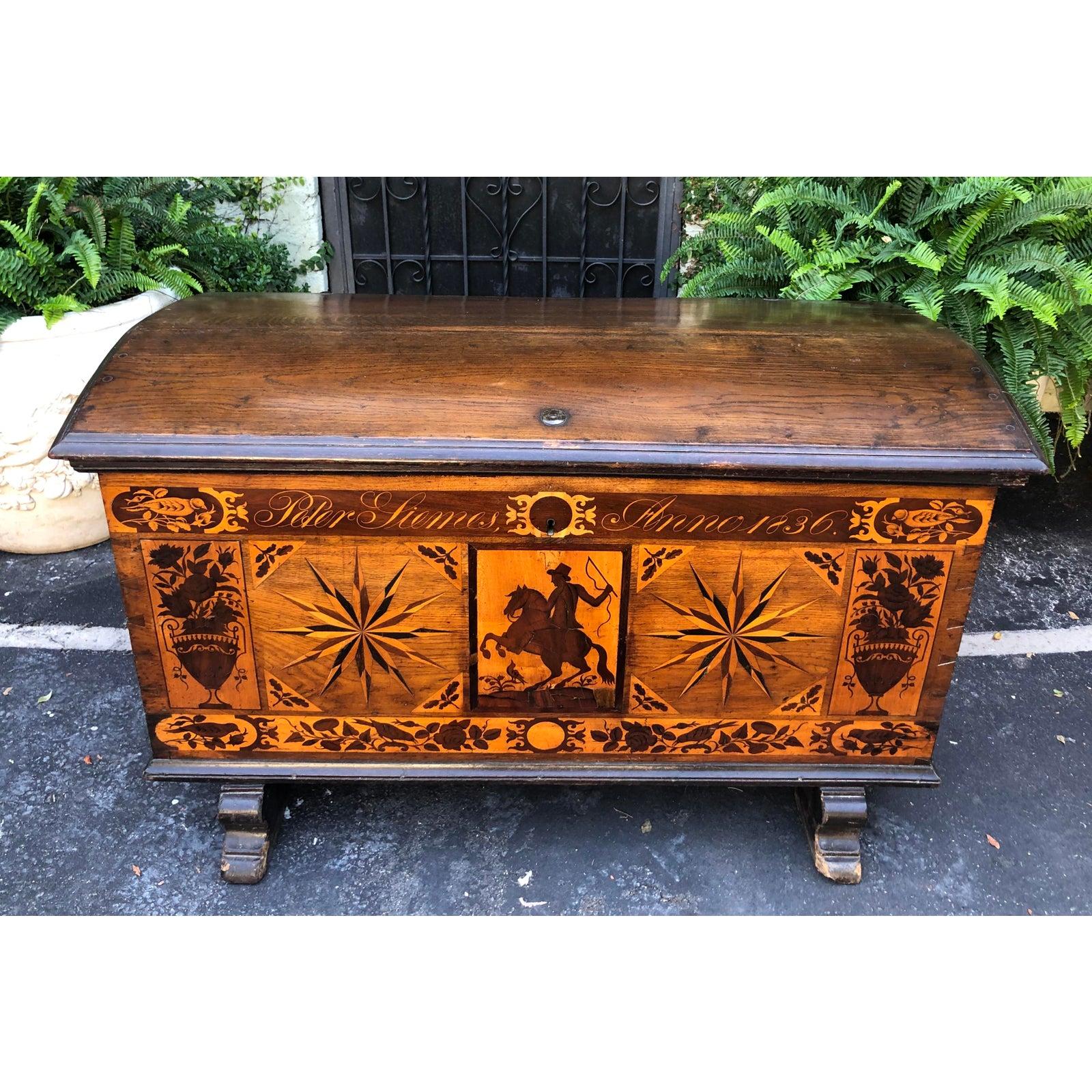 Antique early 19th century Italian inlaid hope chest trunk. Beautifully inlaid decoration including stars and a horse and rider. Dated 1836.