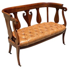 Antique Early 19th C Mahogany & Tufted Leather Sofa Settee