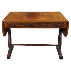 Antique Early 19th C. Regency Flame Mahogany Lyre Base Drop Leaf Sofa Table Desk
